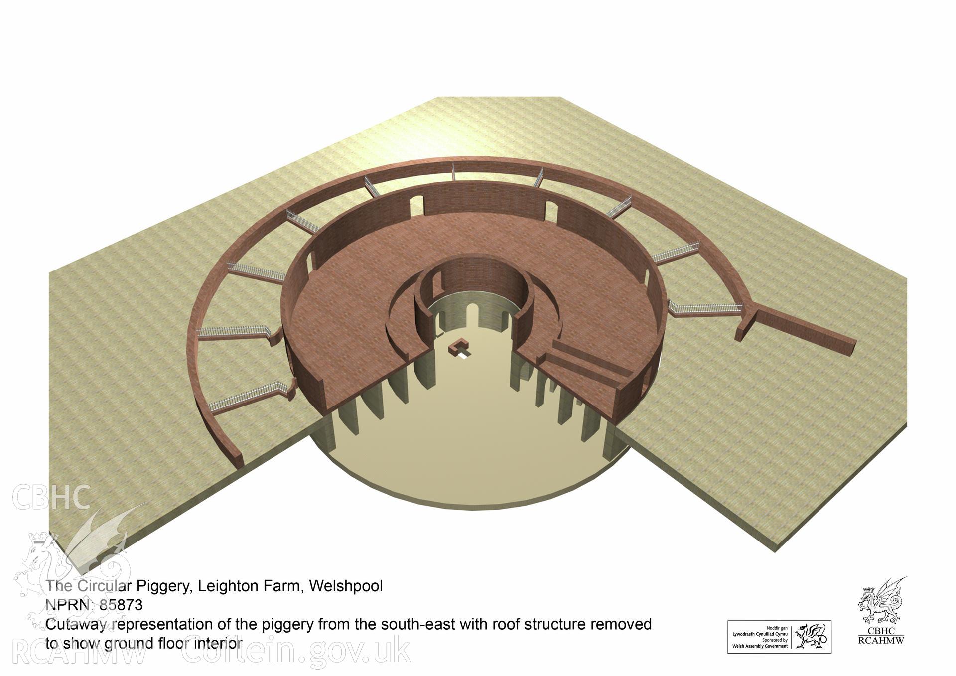 Still taken from a 3D Studio Max model showing the circular piggery in a cutaway view from the south-east, with the roof structure removed, from an RCAHMW digital survey of the Circular Piggery, Leighton Farm, Welshpool. Carried out by Susan Fielding, 11/08/2008.