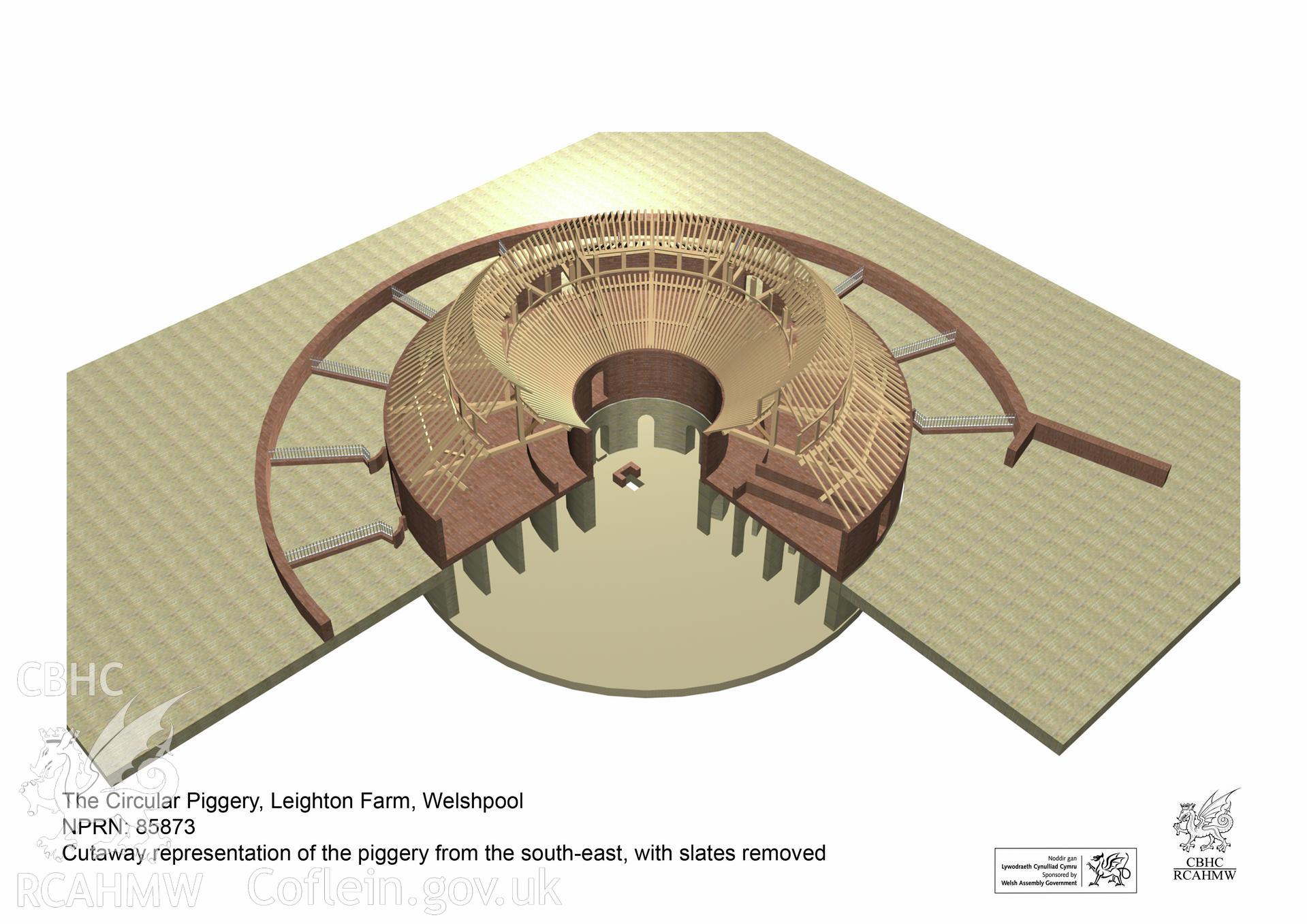 Still taken from a 3D Studio Max model showing the circular piggery in a cutaway view from the south-east, with the slates removed, from an RCAHMW digital survey of the Circular Piggery, Leighton Farm, Welshpool. Carried out by Susan Fielding, 11/08/2008.