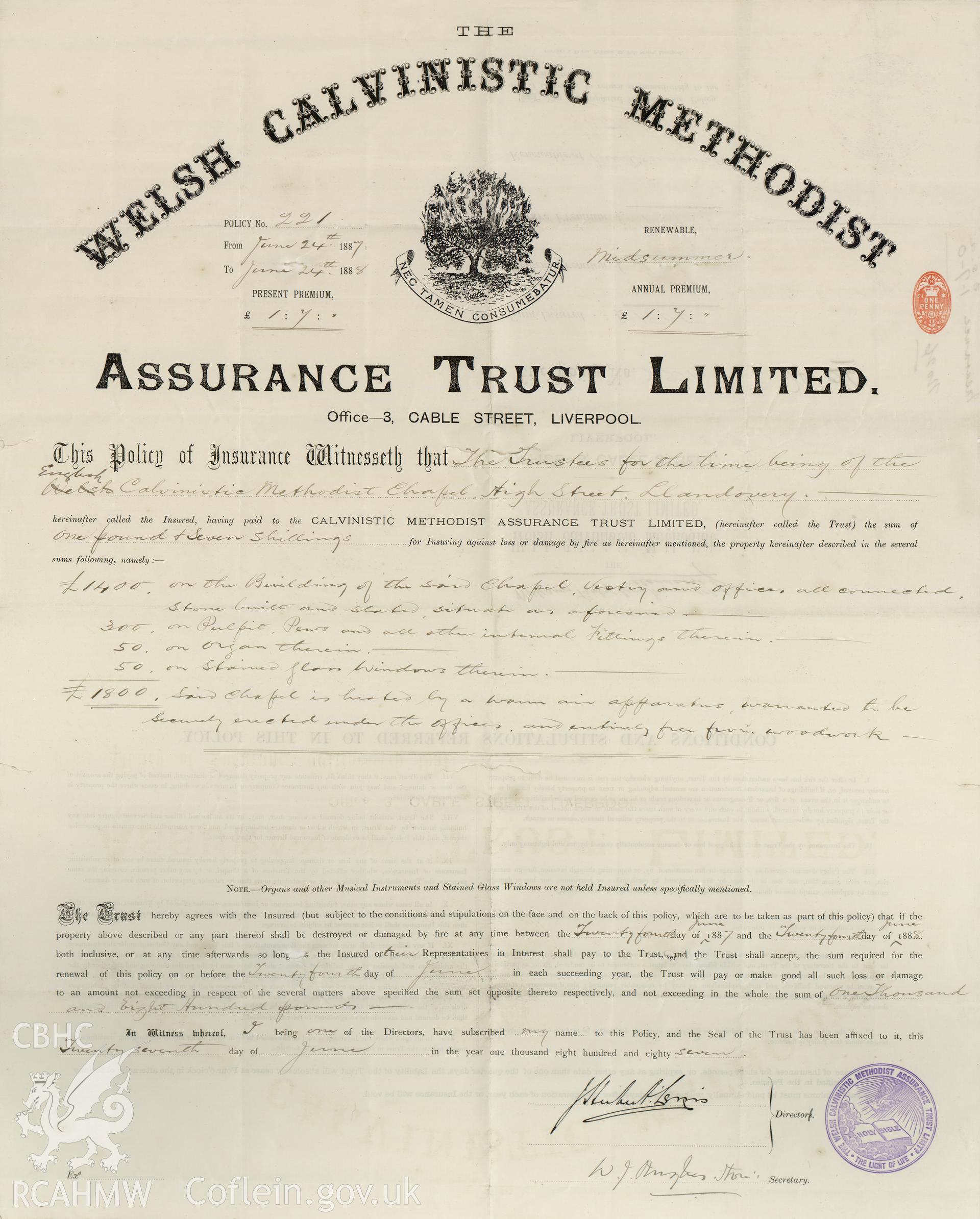 Welsh Methodist Assurance document dated 1887