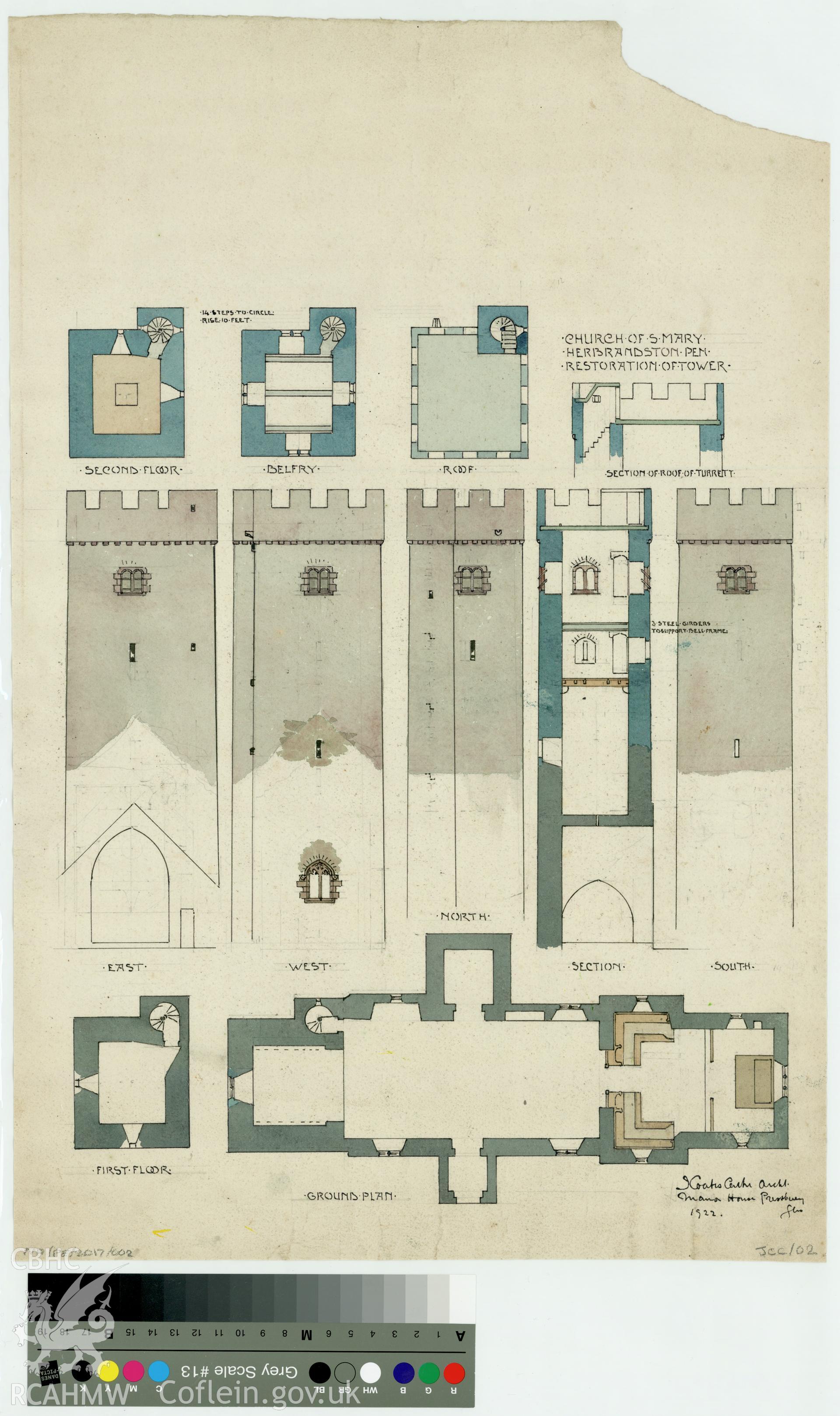 Original coloured drawings of the tower at Herbrandston Church, produced by John Coates-Carter in 1922.