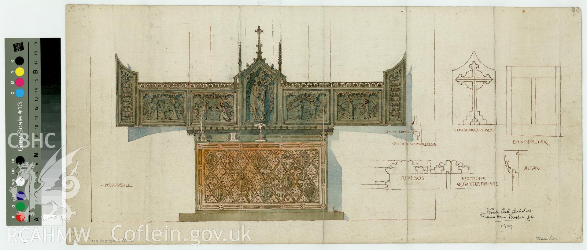 Original coloured plans of the reredos and screen at Herbrandston Church, produced by John Coates-Carter in 1927.