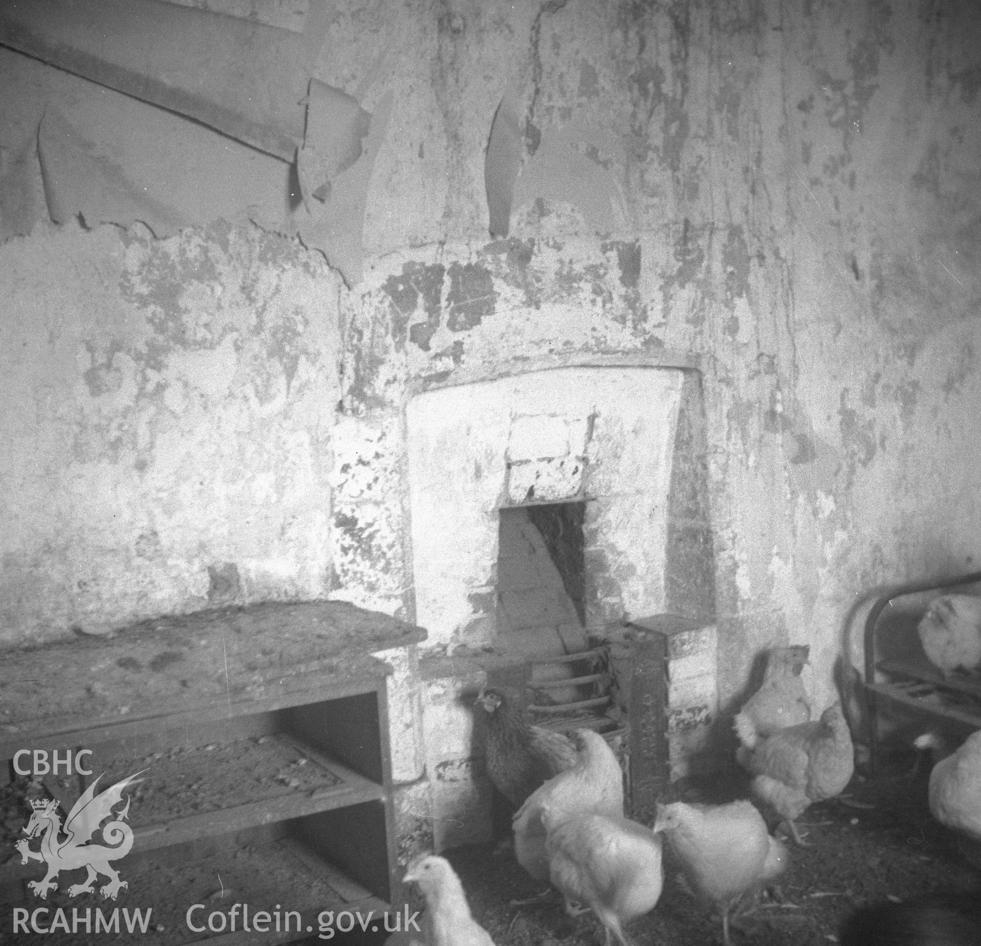 Black and white acetate negative showing interior detail of fireplace at Trimley Hall, Llanfynydd.