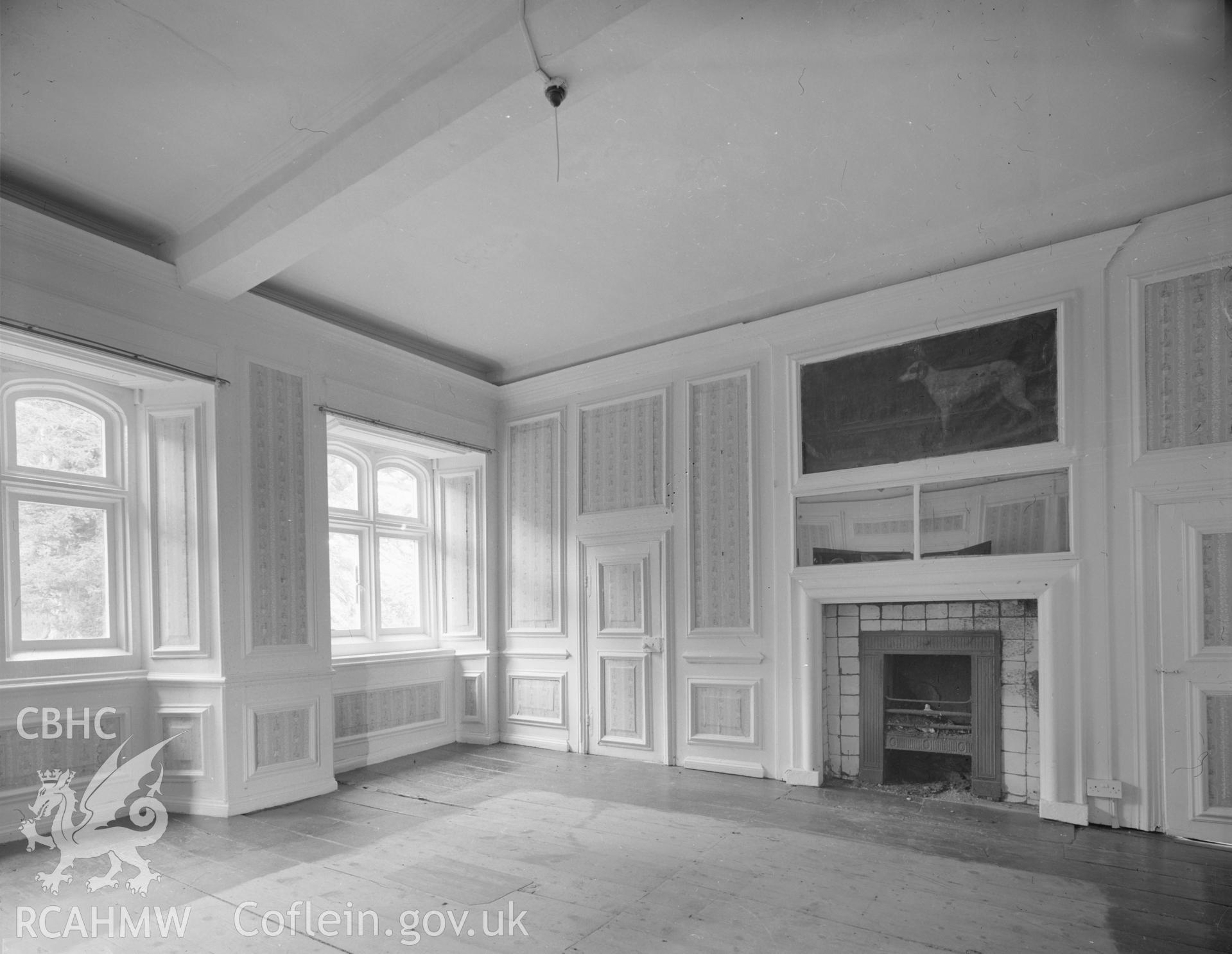 Black and white acetate negative showing the dining room in Llanmihangel Place.