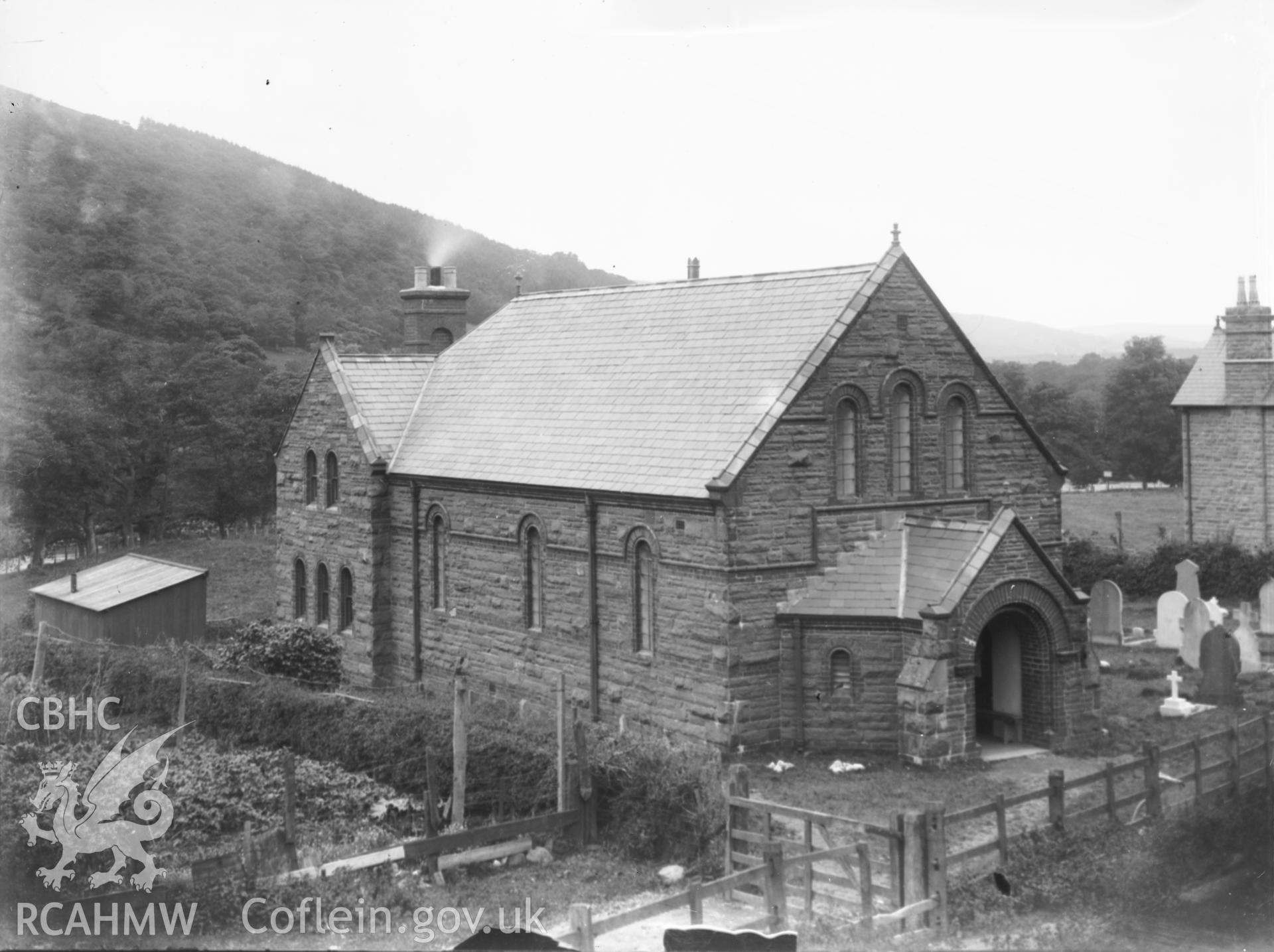 Black and white acetate negative showing a view of Rhayader Church.