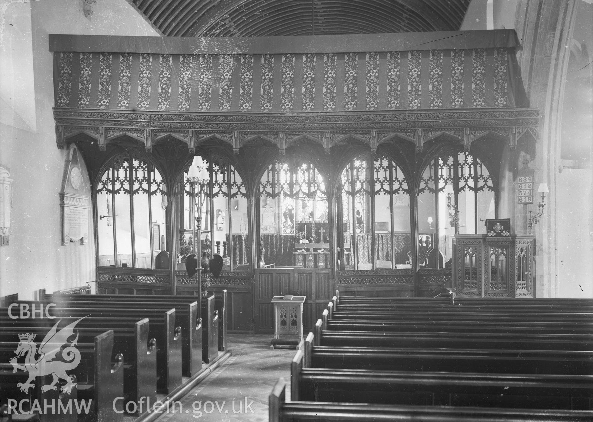 Black and white acetate negative, a copy of a glass plate showing rood screen.