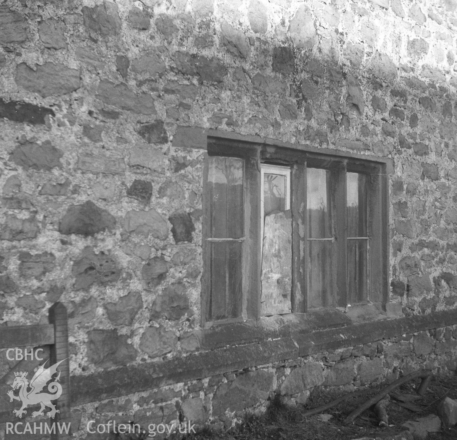 Black and white acetate negative showing exterior detail of window at Trimley Hall, Llanfynydd.