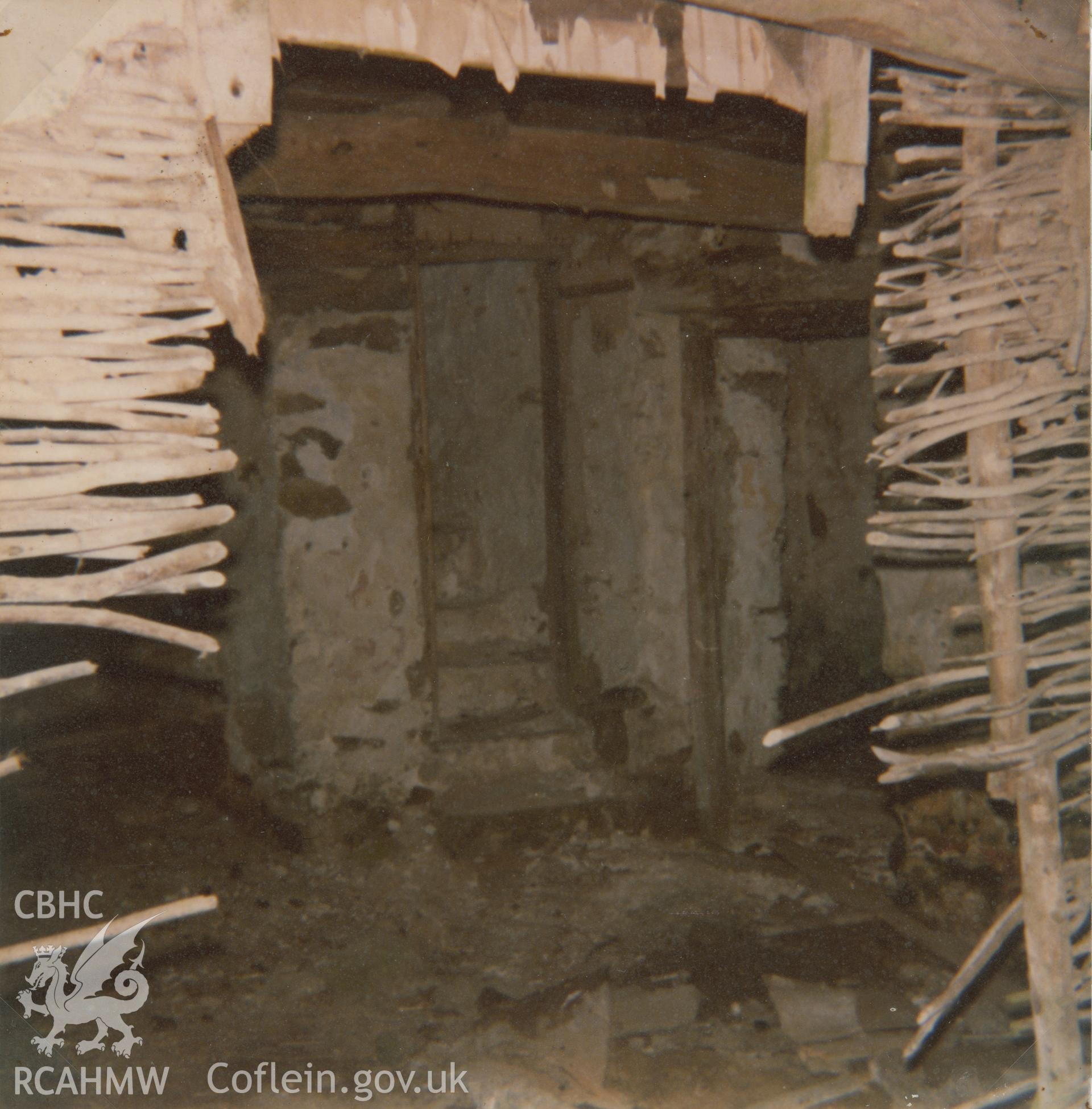 View of wicker and lime plaster chimney at Carnau, Penuwch, taken by Oksana Hucul, 1979.