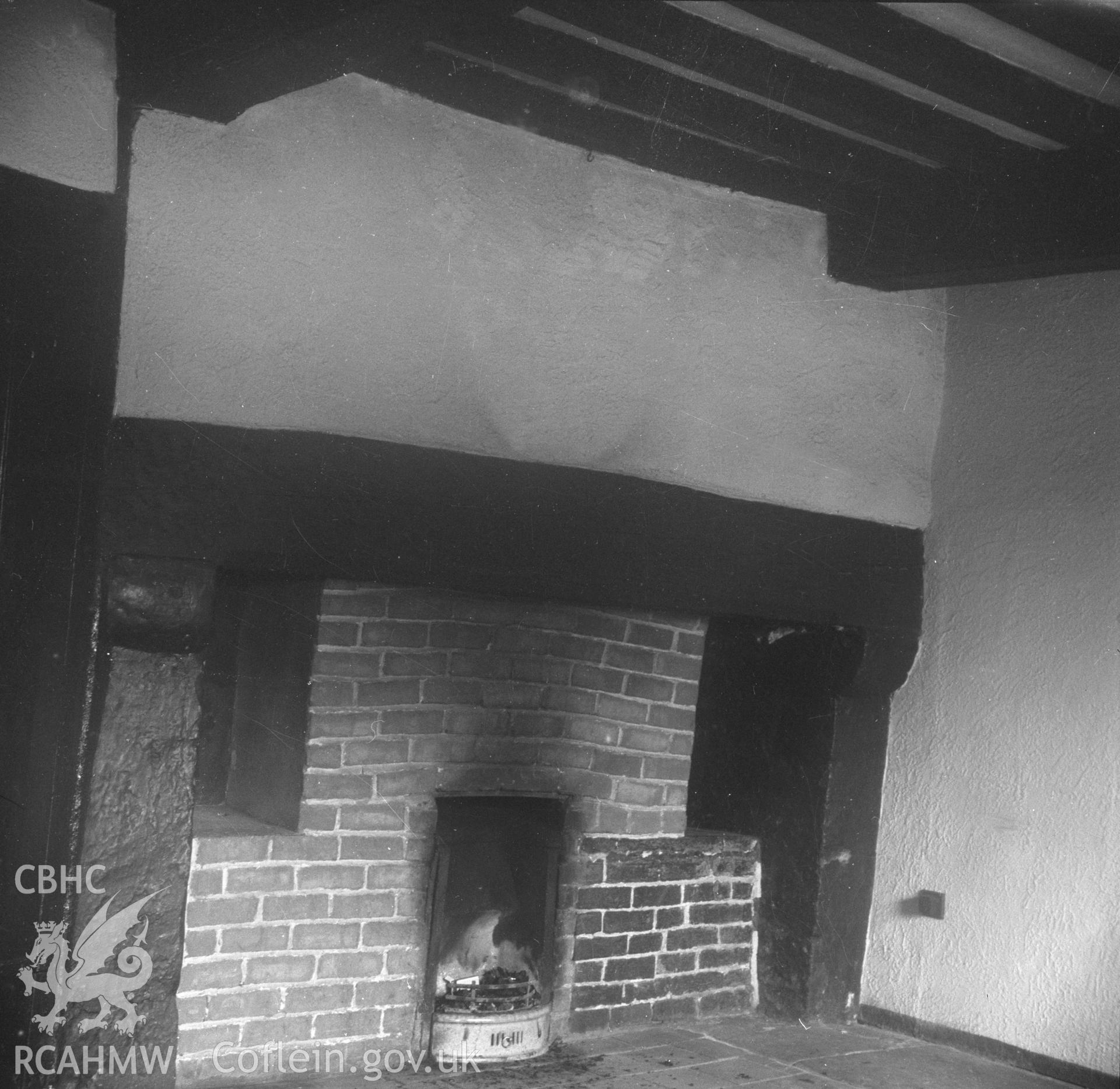Black and white nitrate negative showing fireplace, Brithdir Mawr, Flintshire.