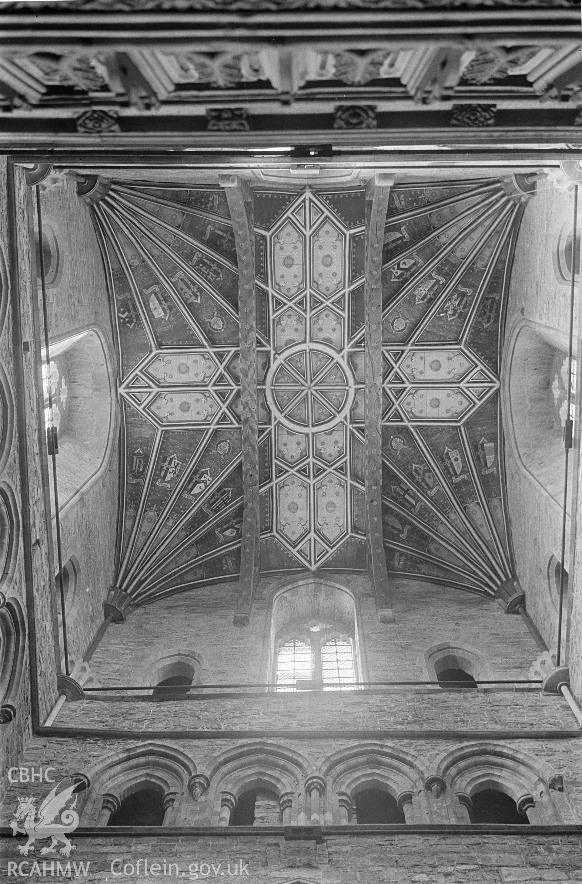 Black and white nitrate negative showing the roof at St David's Cathedral.