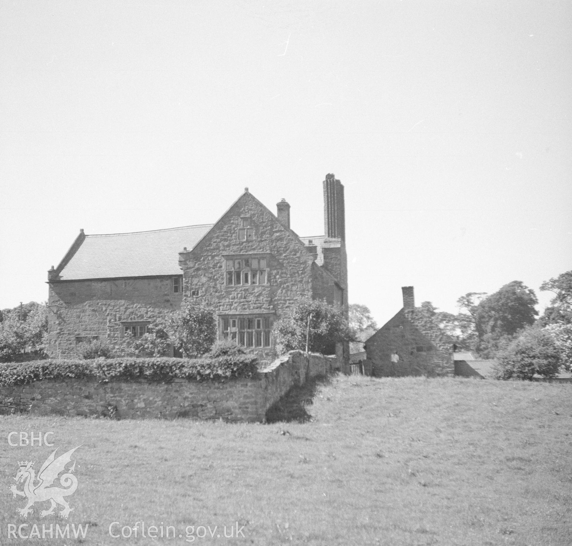 Black and white nitrate negative showing exterior view of Fferm House in its setting.