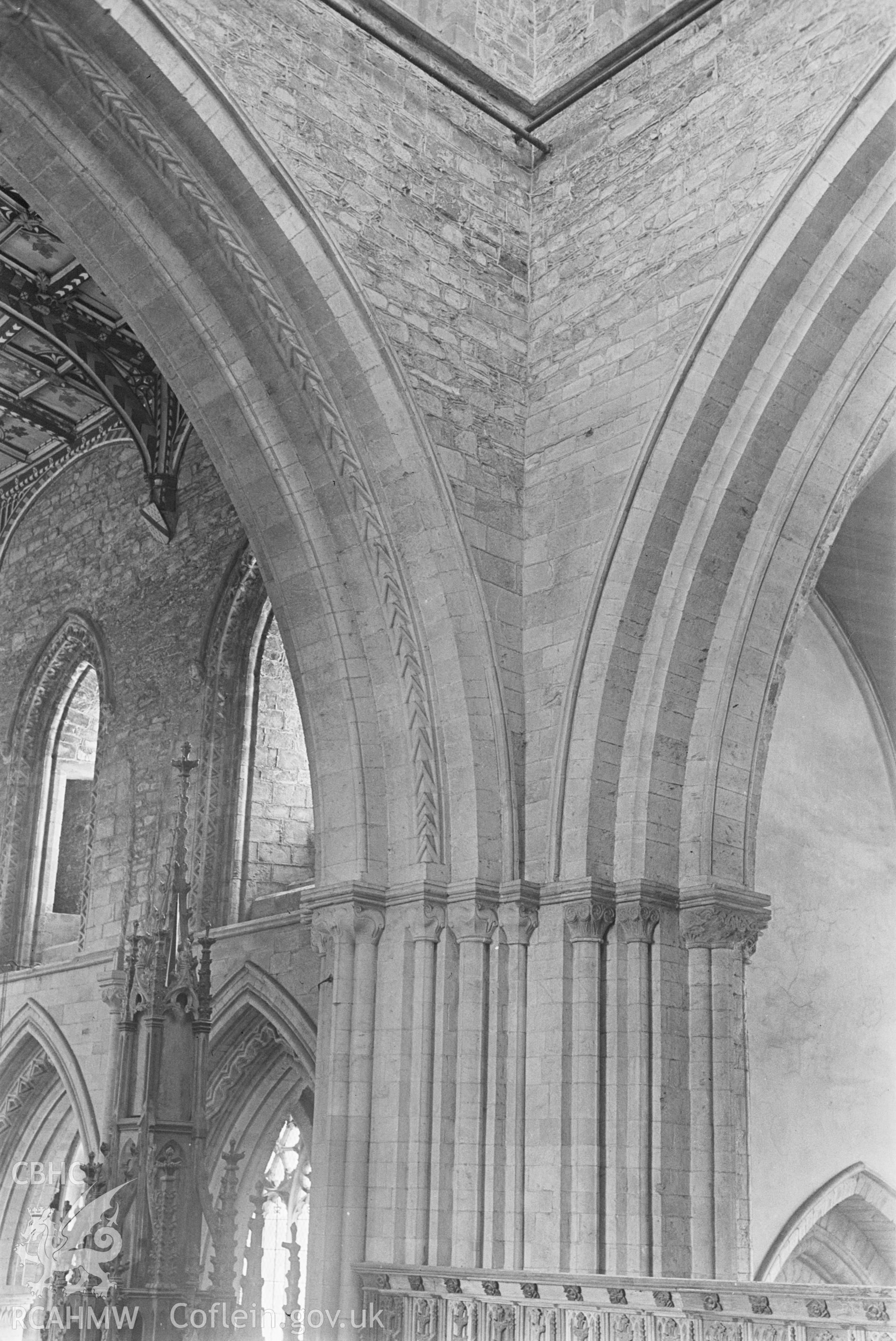 Black and white nitrate negative showing the tower arch at St David's Cathedral.