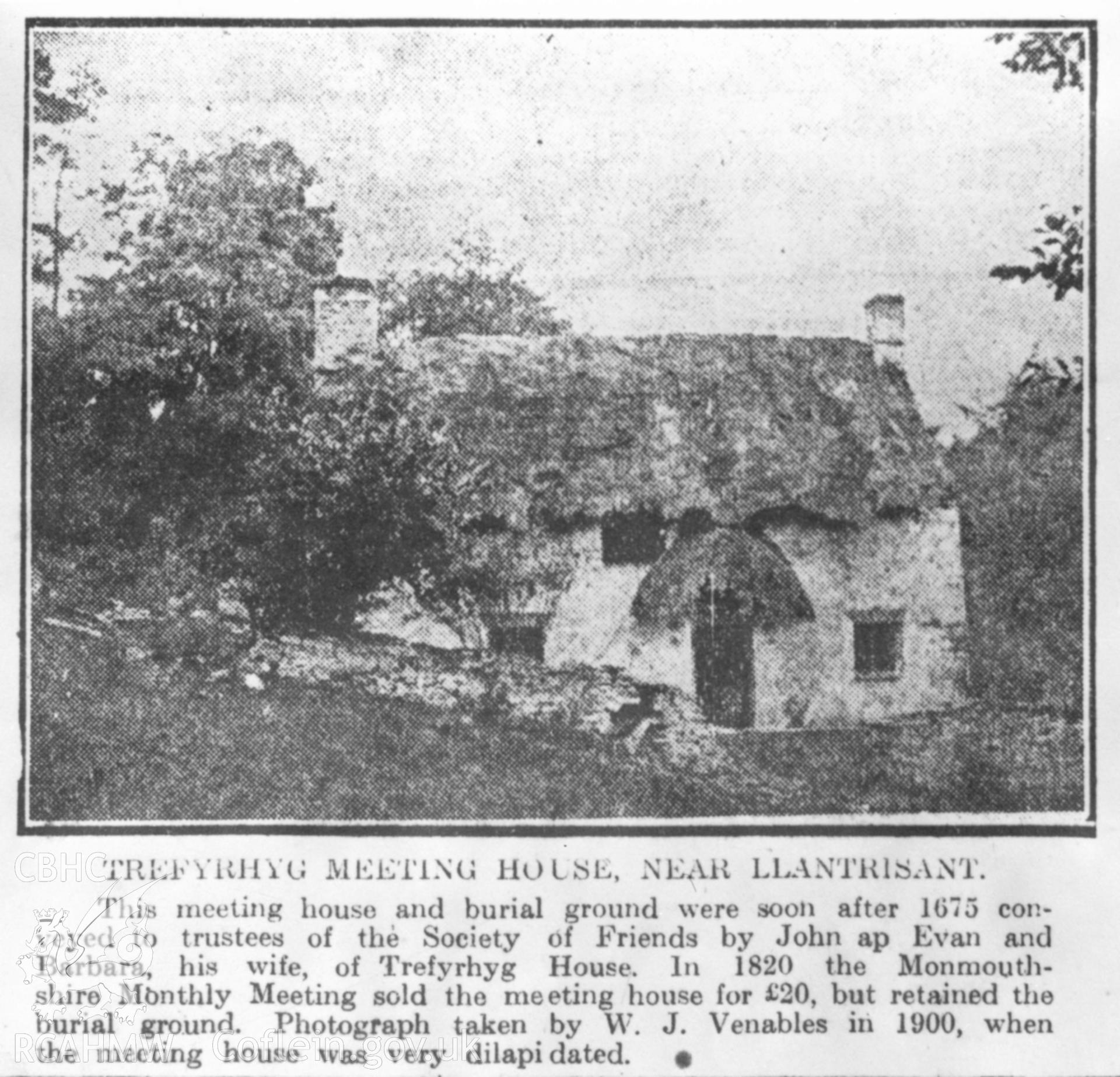 Black and white acetate negative showing a newspaper cutting relating to Trefyrhyg Meeting House.