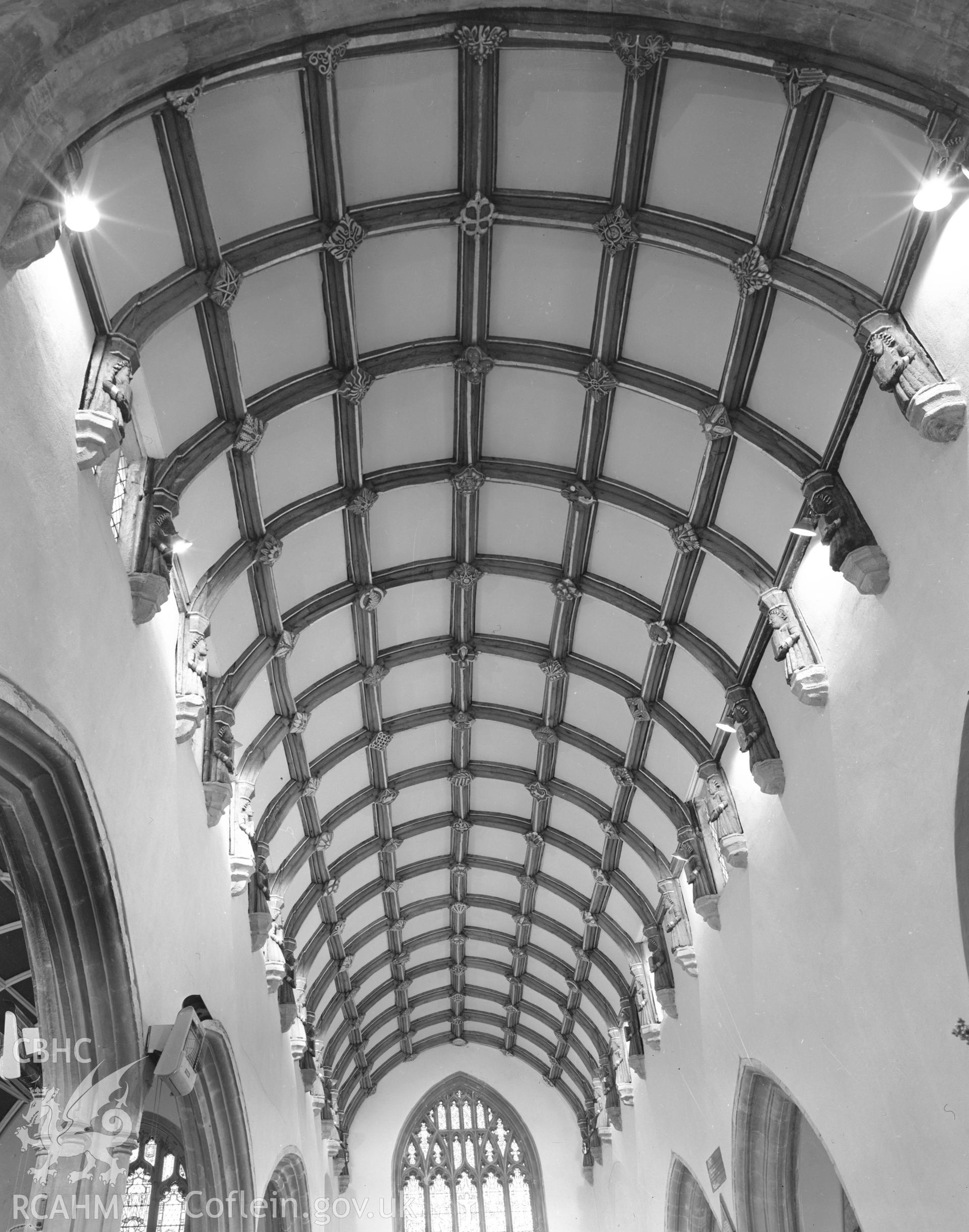 Black and white acetate negative showing interior view of Tenby Parish Church.
