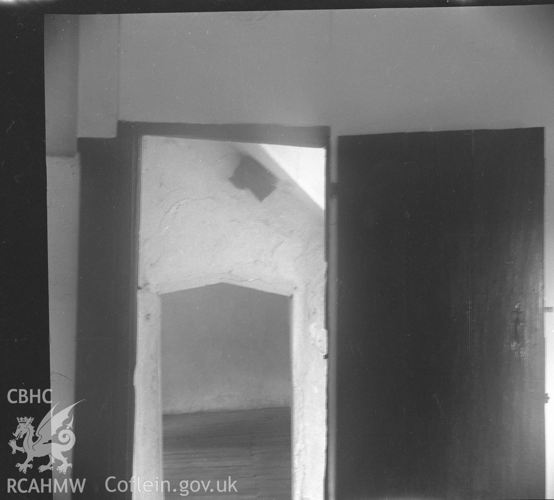 Black and white acetate negative showing interior detail of doorframe, Brithdir-Mawr, Cilcain.