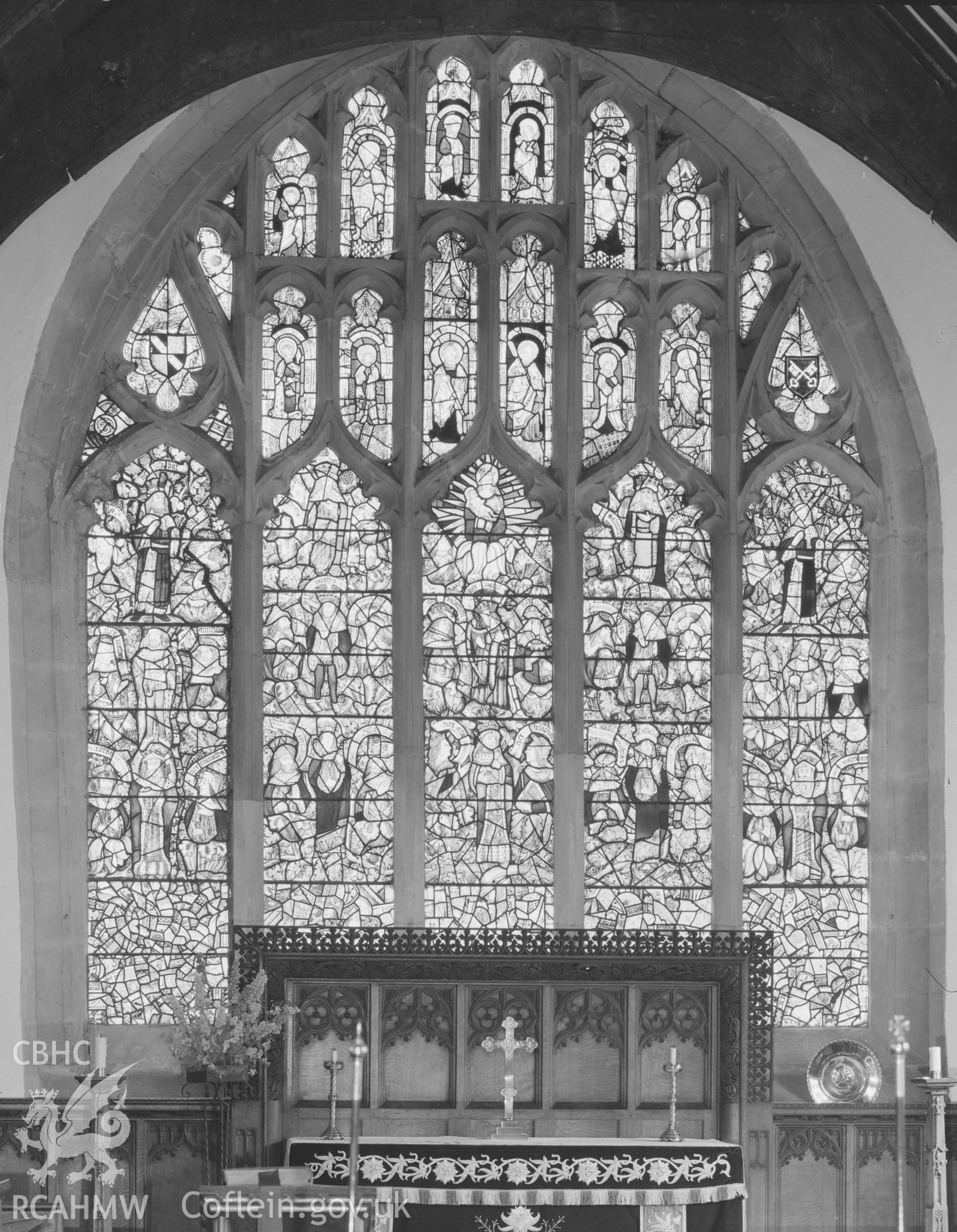 Black and white acetate negative showing stained glass window at Dyserth Church.