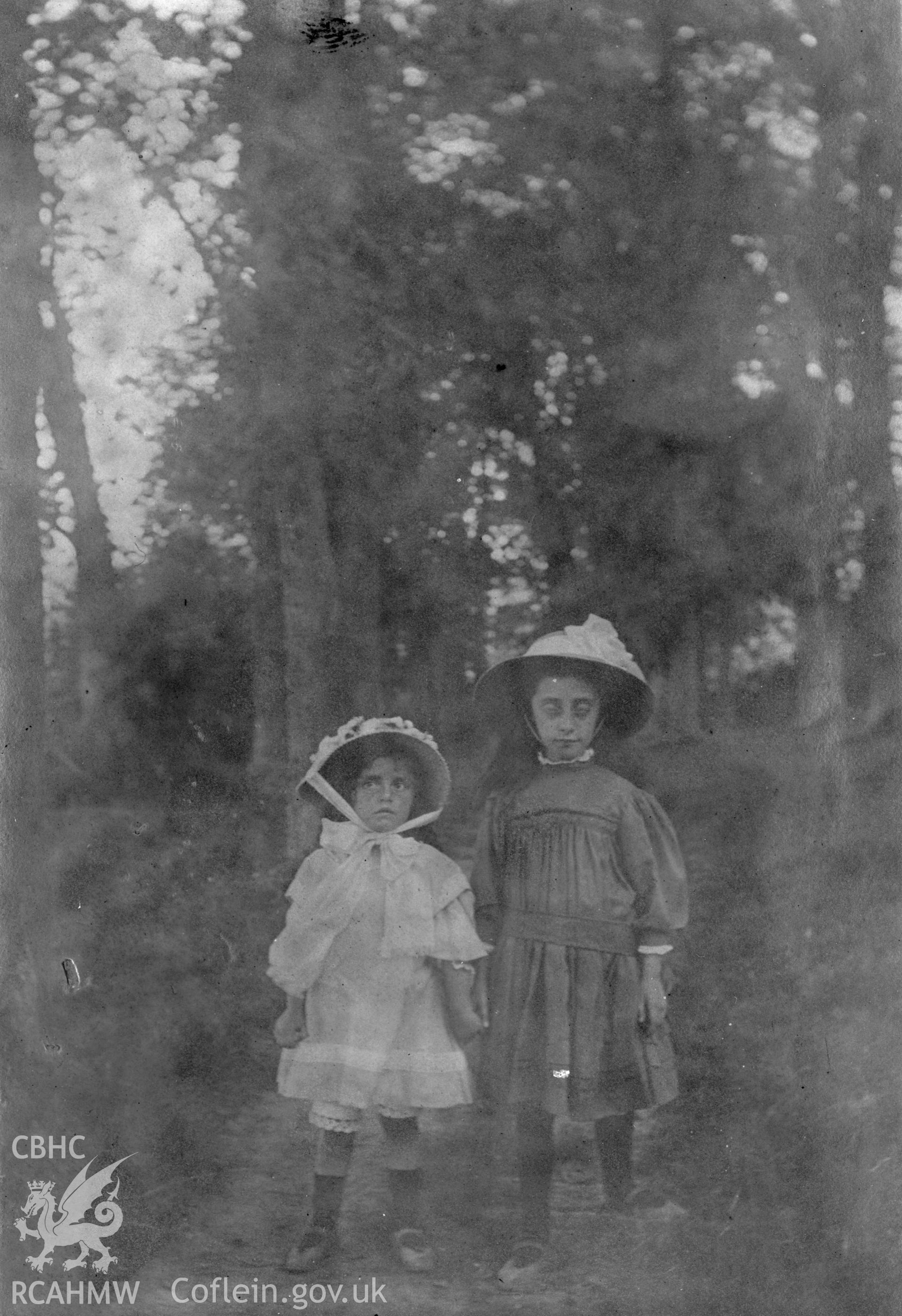 "At Llanelly 1909". Photo of two standing children. Digitised from a photograph album showing views of Aberystwyth and District, produced by David John Saer, school teacher of Aberystwyth. Loaned for copying by Dr Alan Chamberlain.
