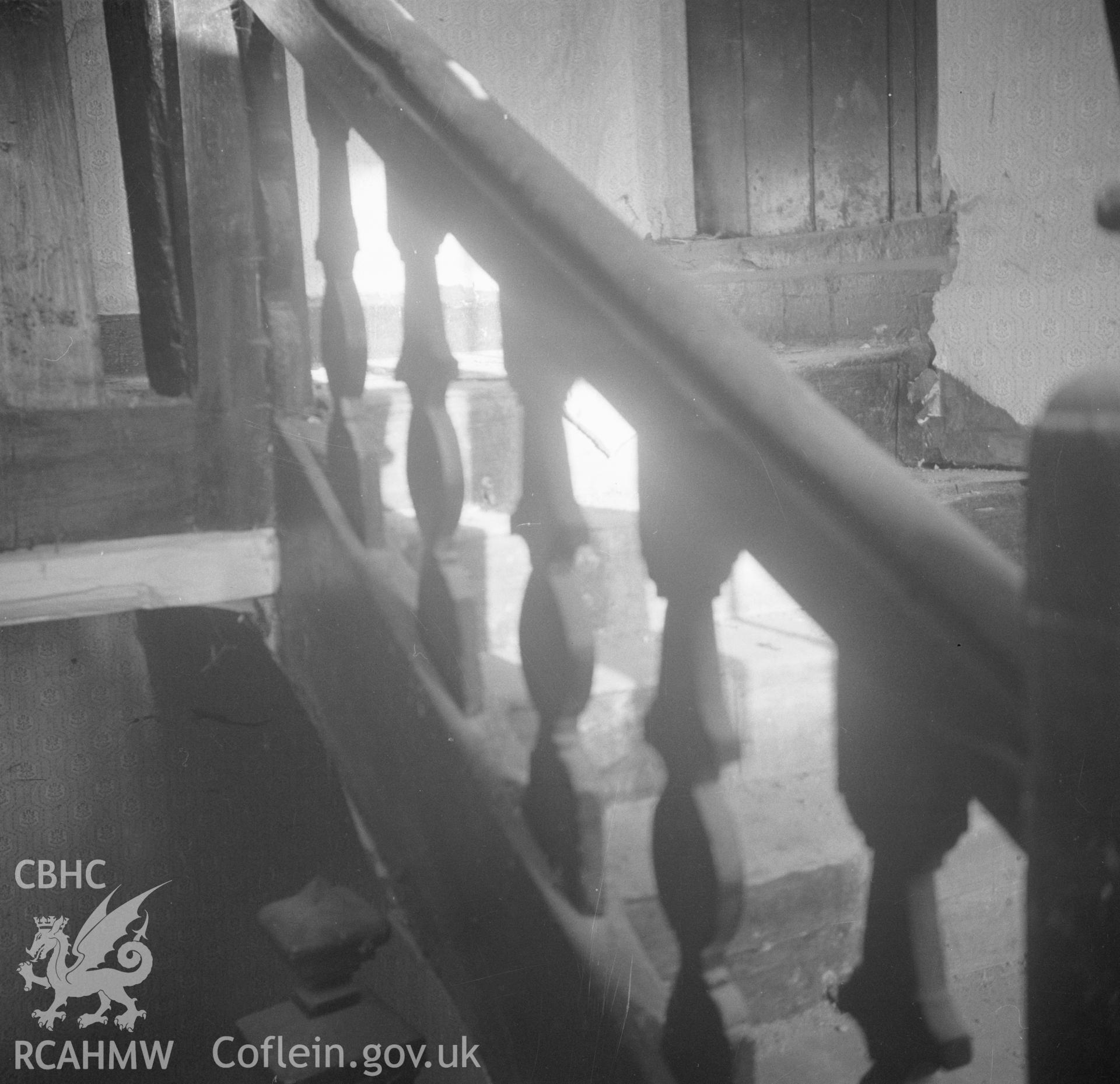 Black and white acetate negative showing interior detail of balustrade, Trimley Hall, Llanfynydd.