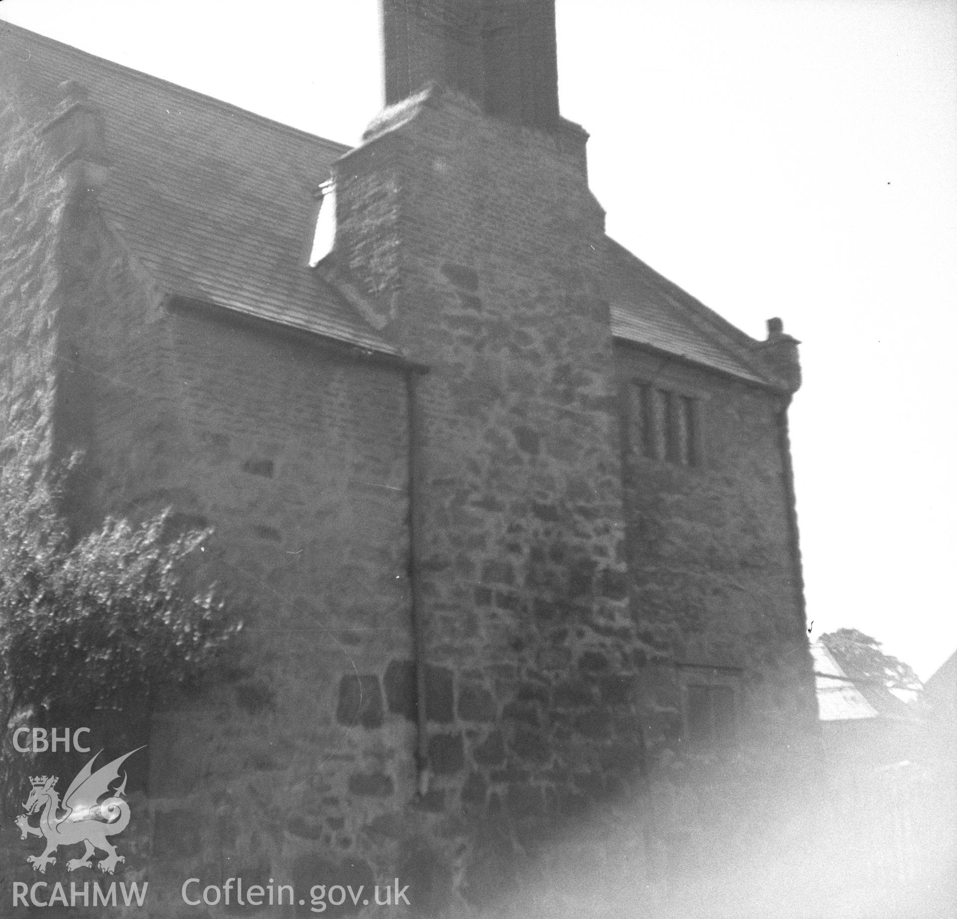 Black and white nitrate negative showing exterior chimney detail, Fferm House, Flintshire.