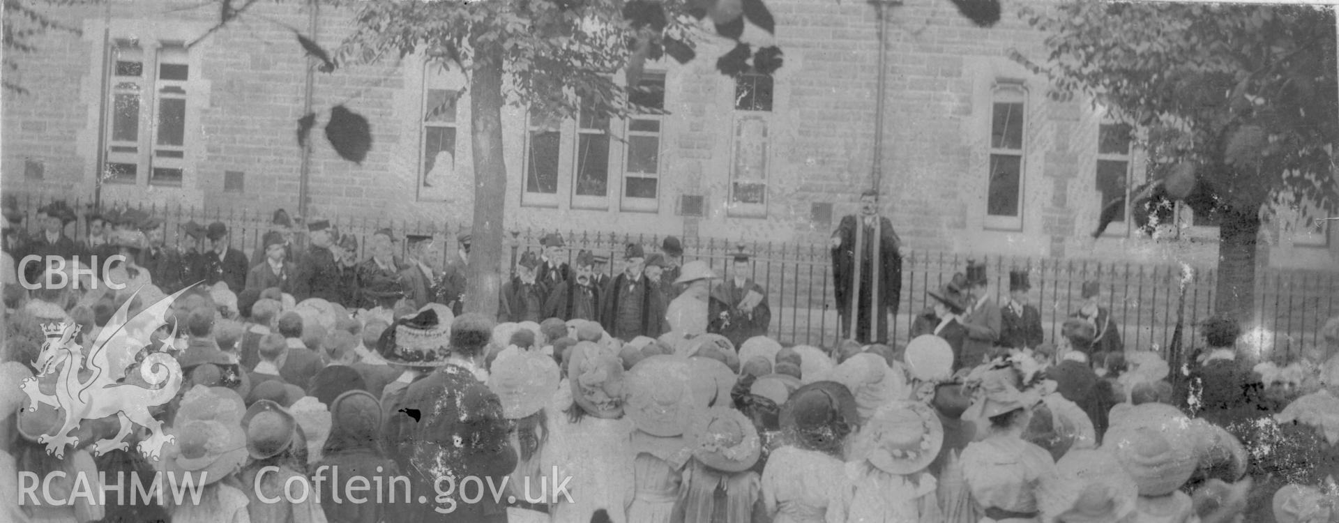 'Opening of Alexandra School extension 1910' .  Digitised from a photograph album showing views of Aberystwyth and District, produced by David John Saer, school teacher of Aberystwyth. Loaned for copying by Dr Alan Chamberlain.