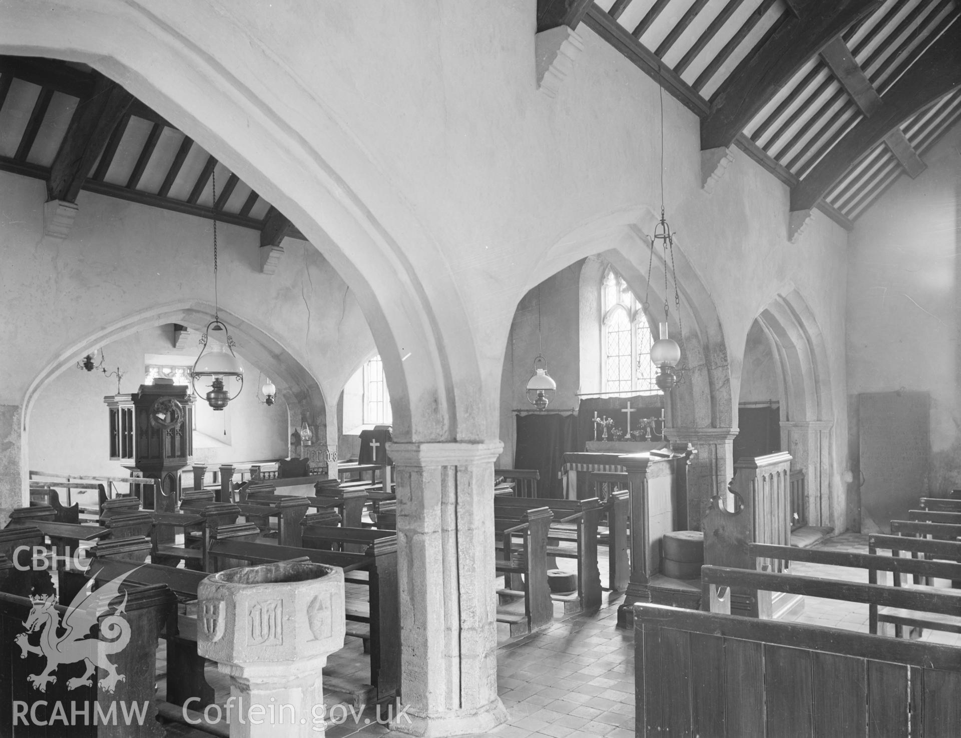 Black and white nitrate negative showing interior view of Llangwnadl Church.