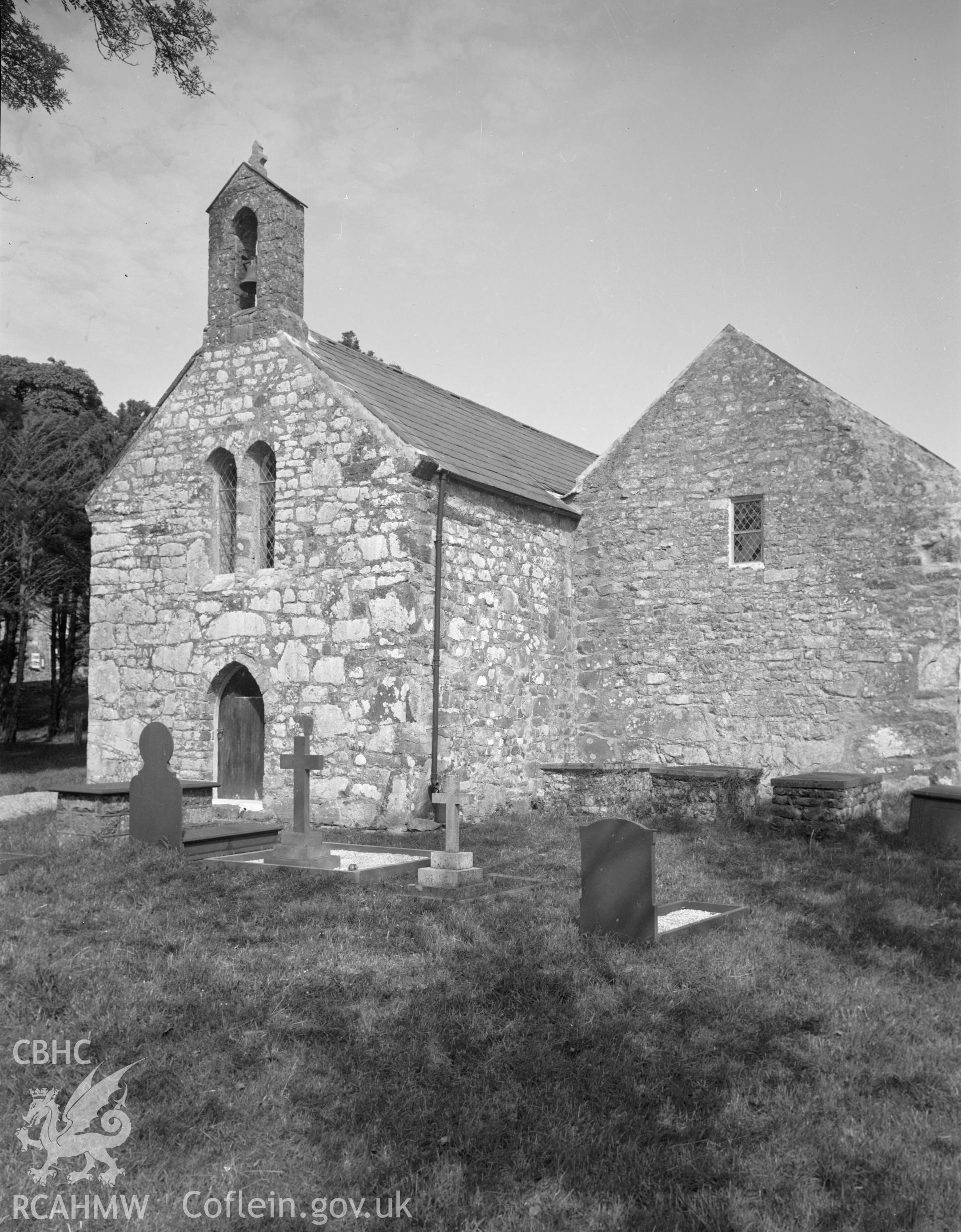 Black and white nitrate negative showing exterior view of Llaniestyn Church.