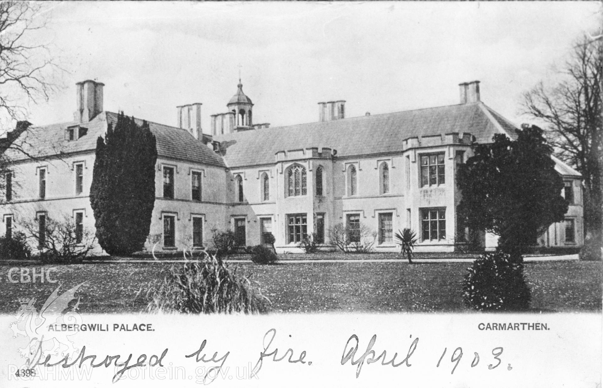 Black and white acetate negative showing view of Abergwili Bishops Palace.