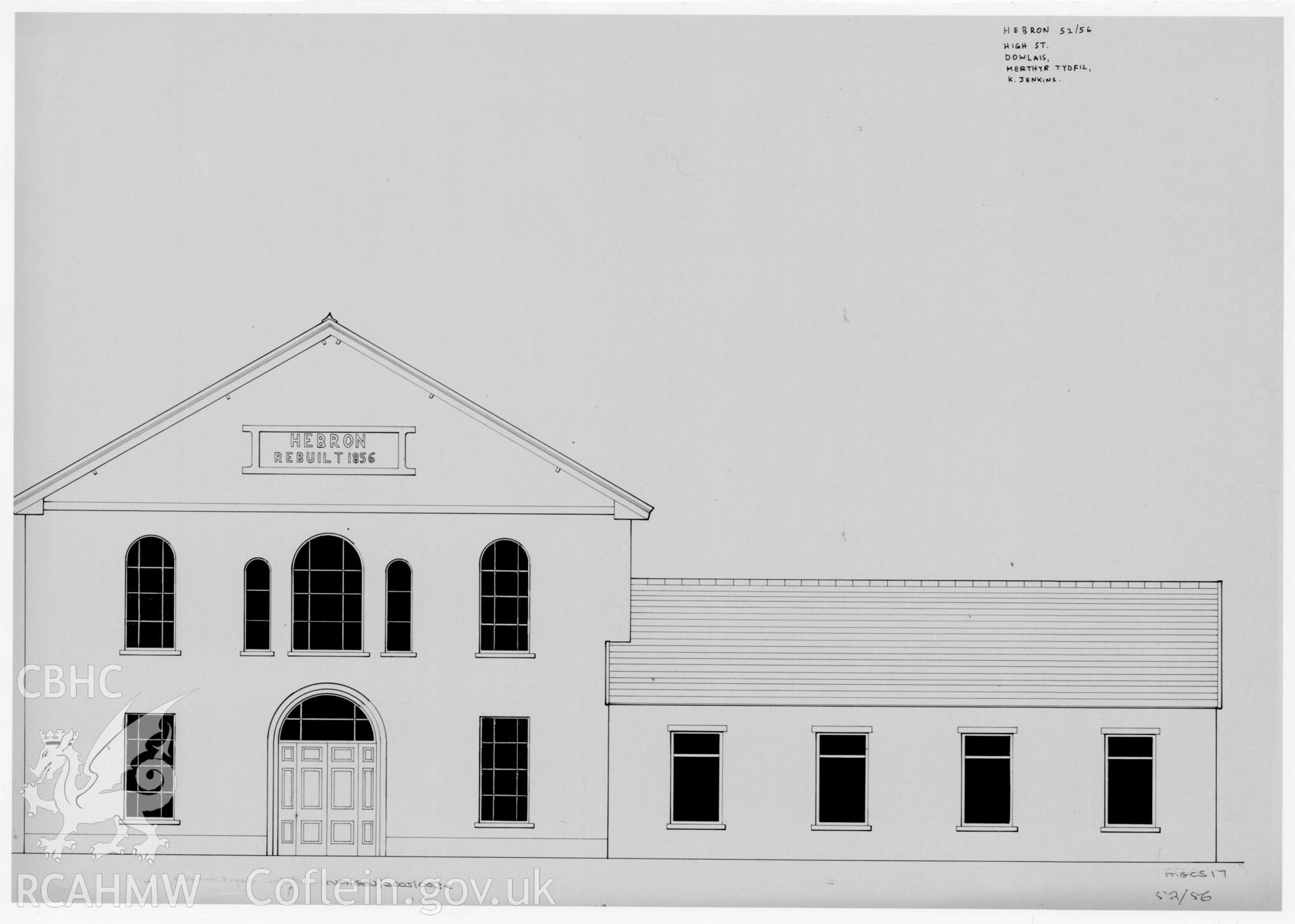 Measured drawings of Hebron Chapel, High Street, Dowlais, Merthyr Tydfil: front elevation and floor plan. Drawn by K. Jenkins.