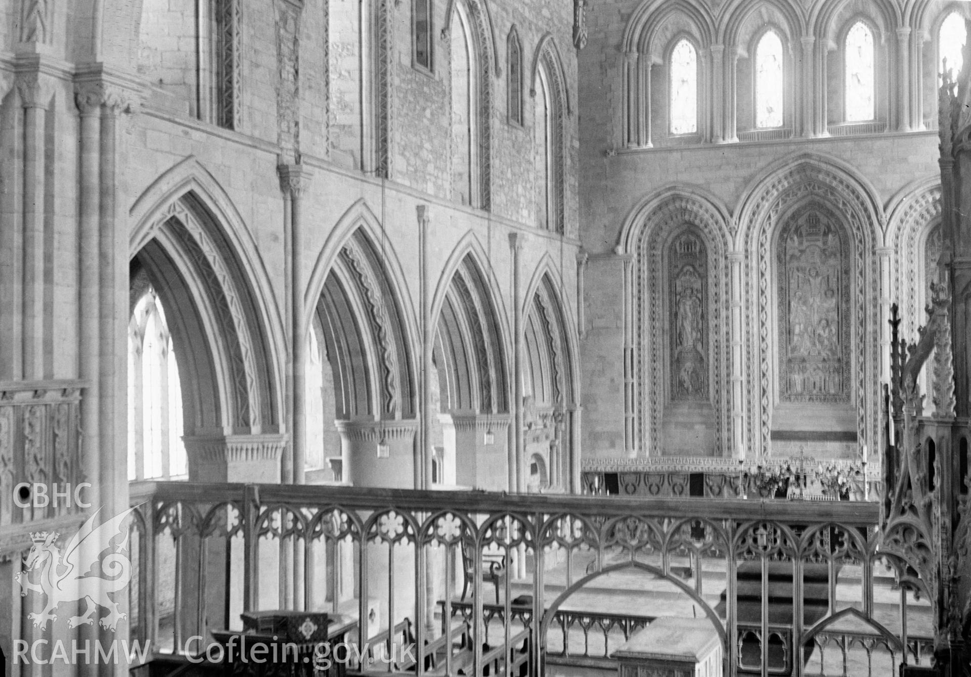 Black and white nitrate negative showing interior view St David's Cathedral.