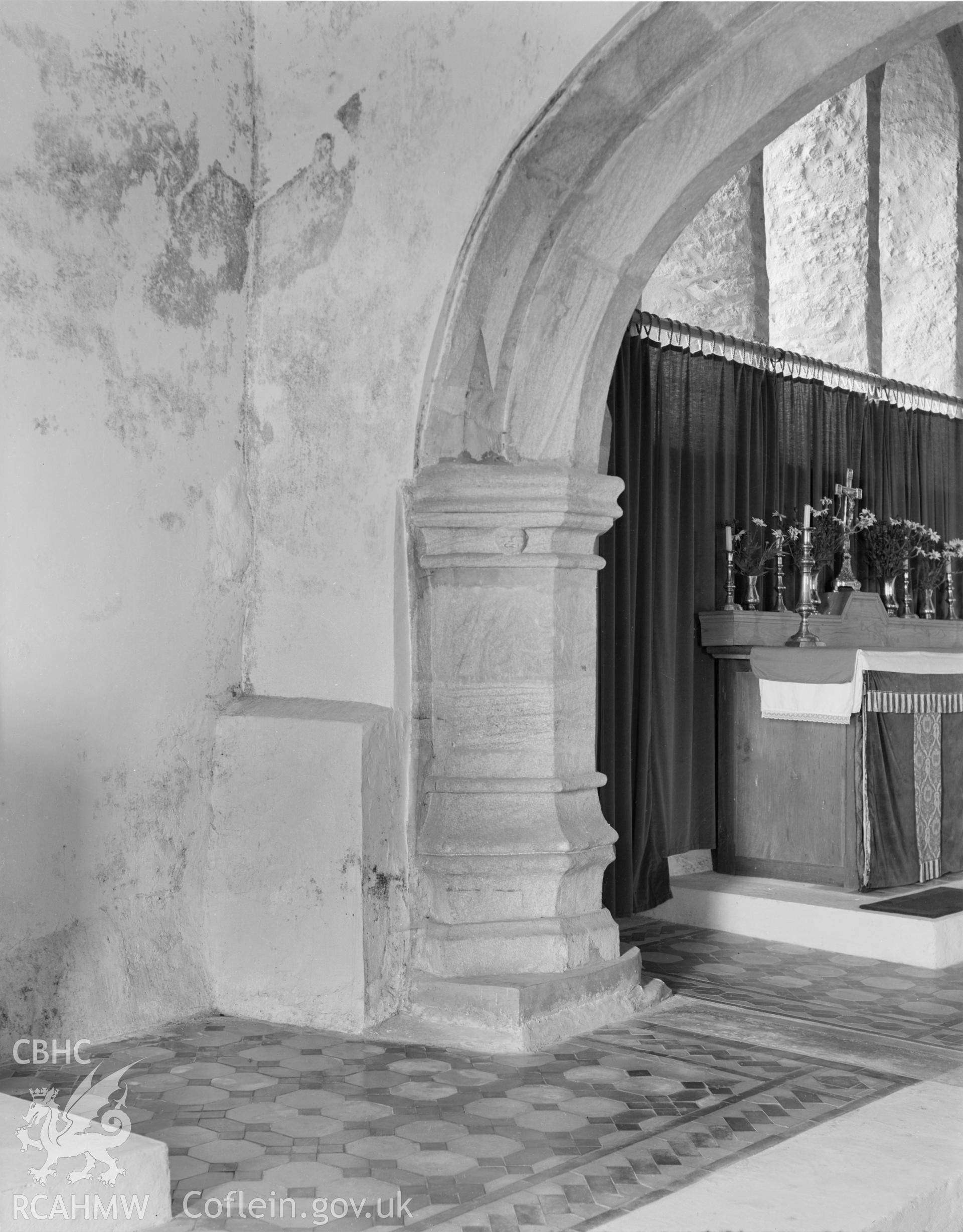 Black and white nitrate negative showing interior view of Llaniestyn Church.