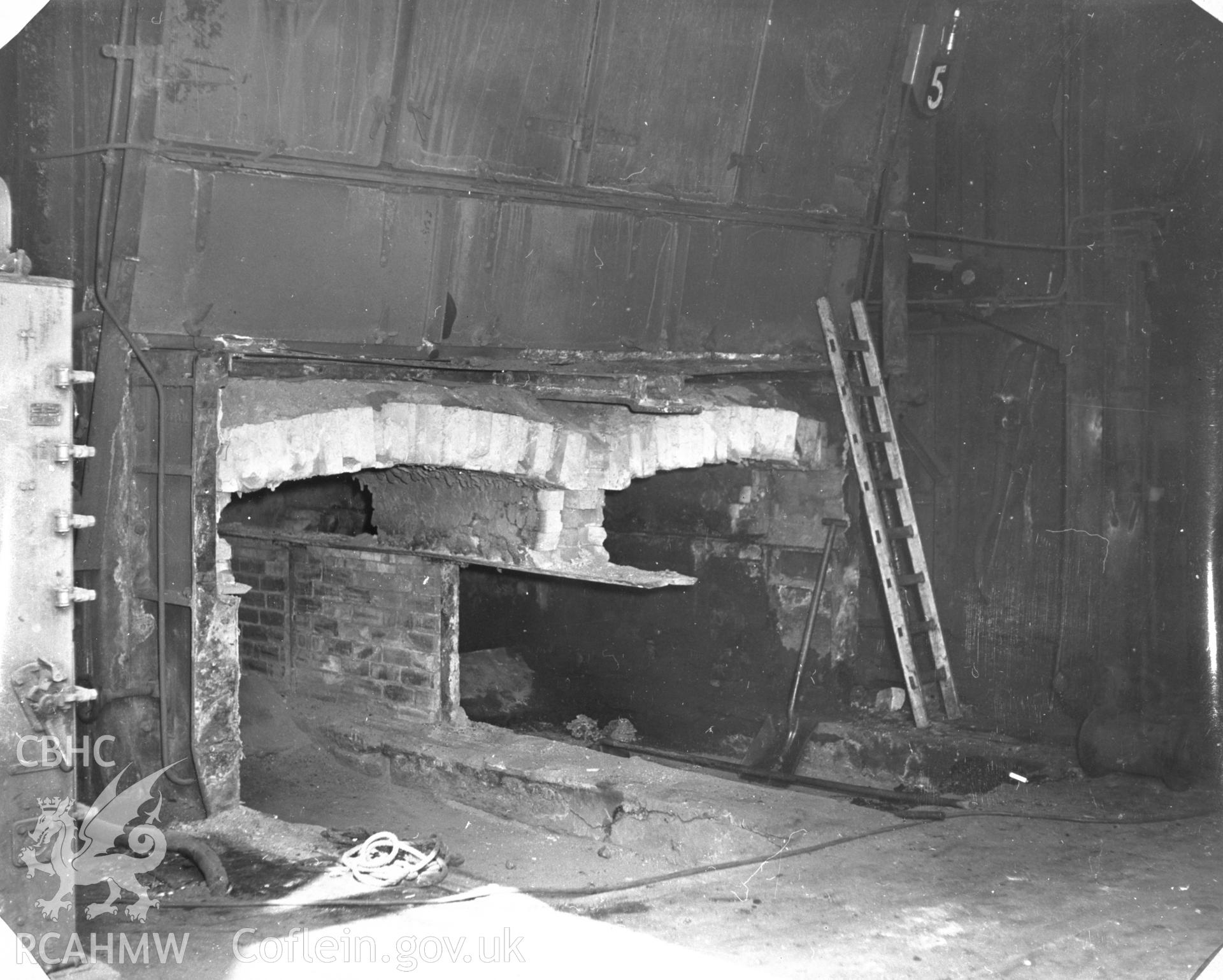 Black and white acetate negative showing furnace in Llanelli Power Station.