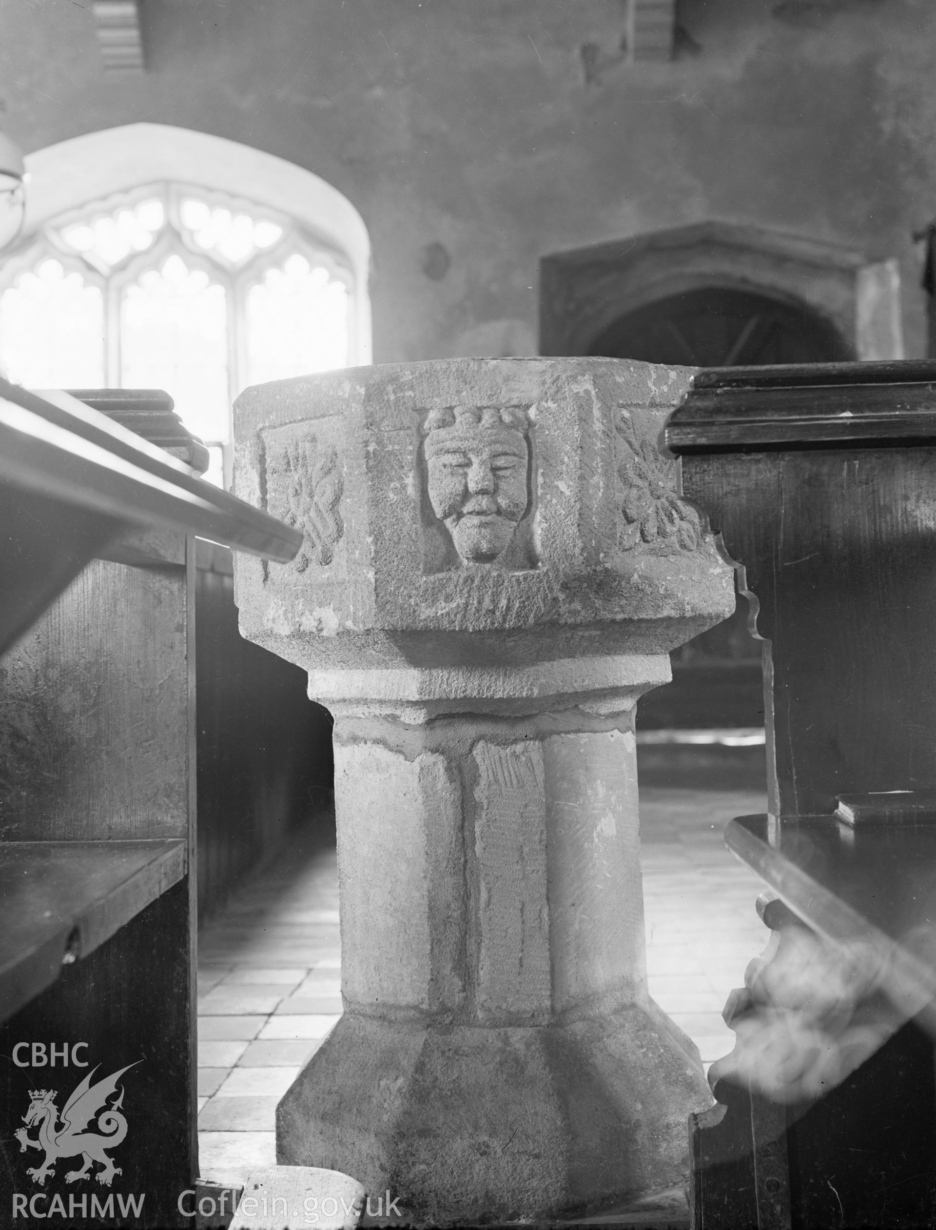 Black and white nitrate negative showing the font at Llangwnadl Church.