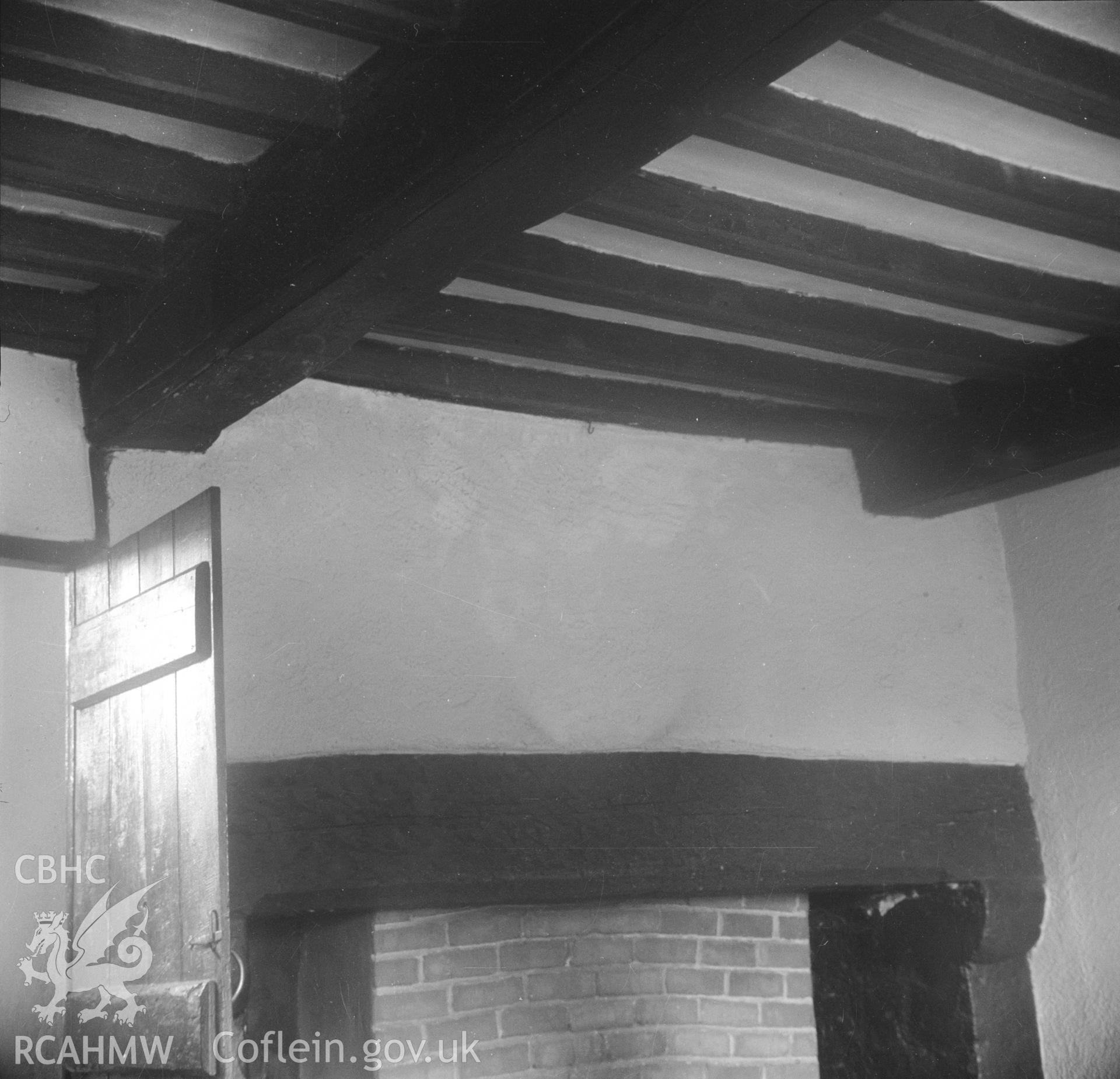 Black and white acetate negative showing interior detail of beams, Brithdir-Mawr, Cilcain.