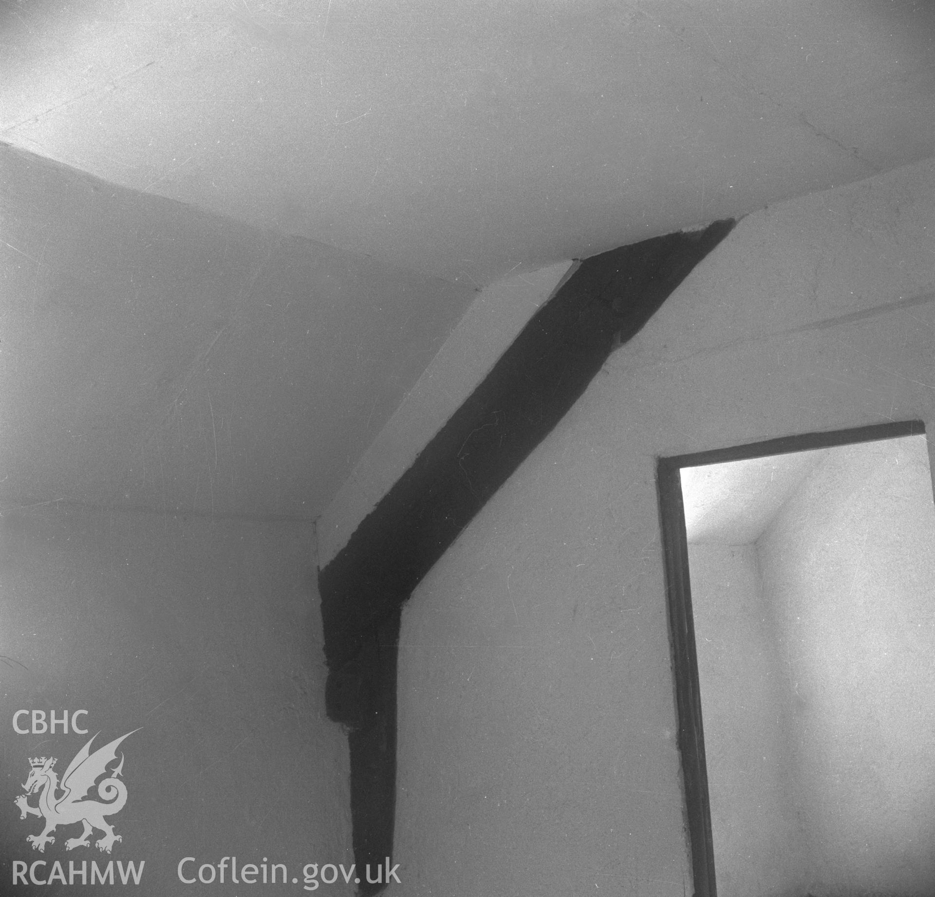 Black and white acetate negative showing interior detail of ceiling beam at Brithdir-Mawr, Cilcain.