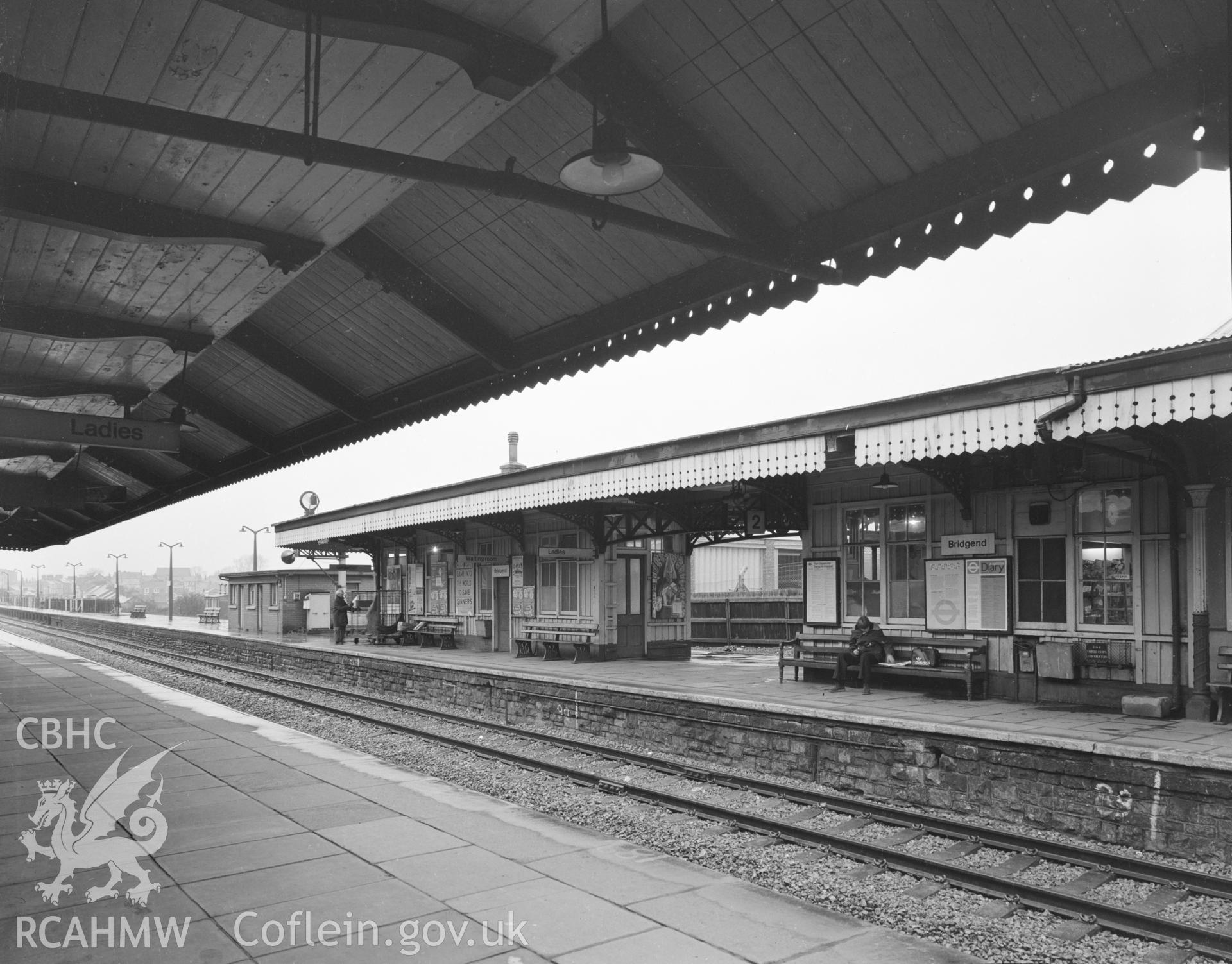 Black and white acetate negative showing Bridgend Railway Station.