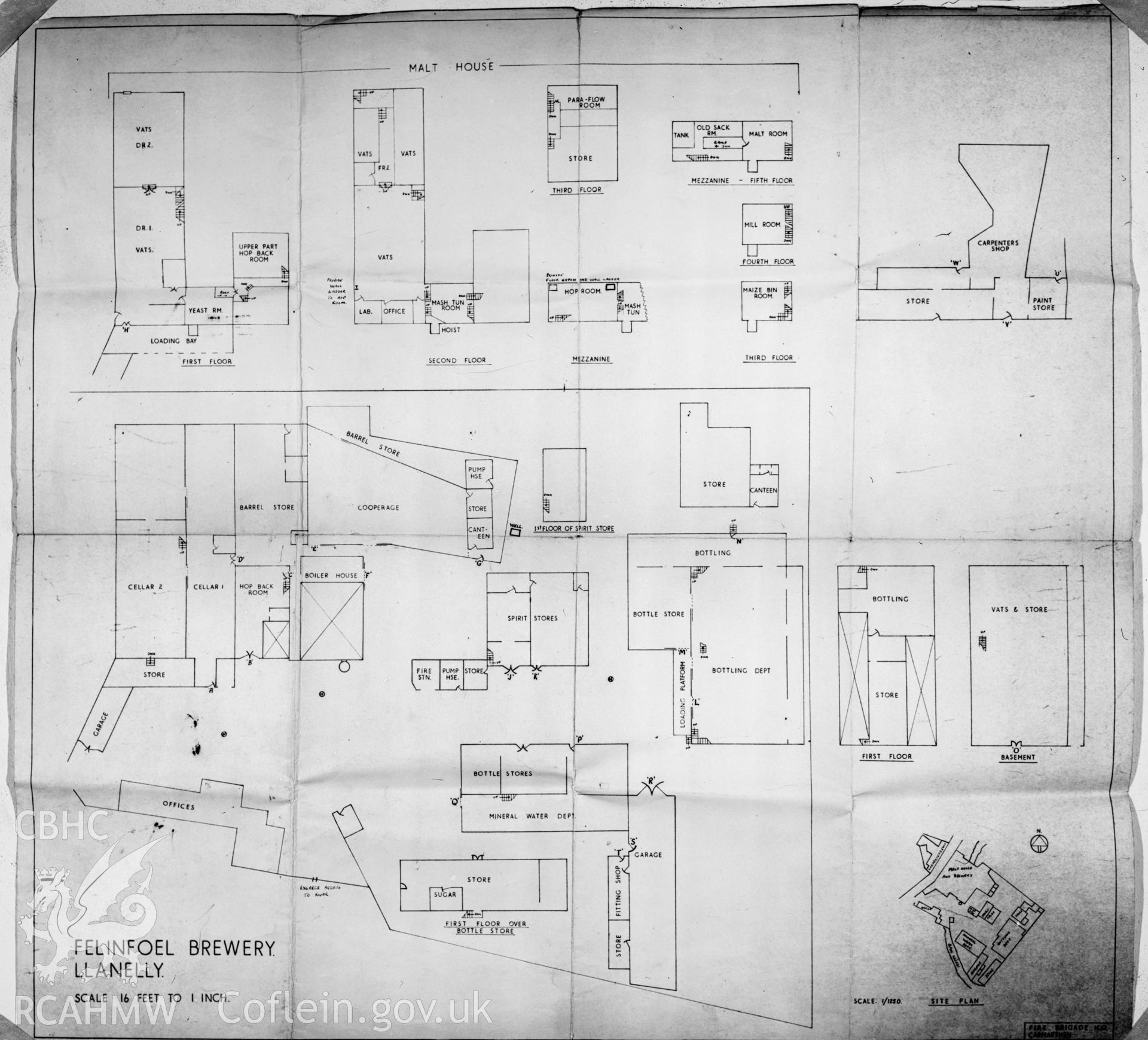 Black and white acetate negative showing measured drawings of Felinfoel Brewery, Llanelli.