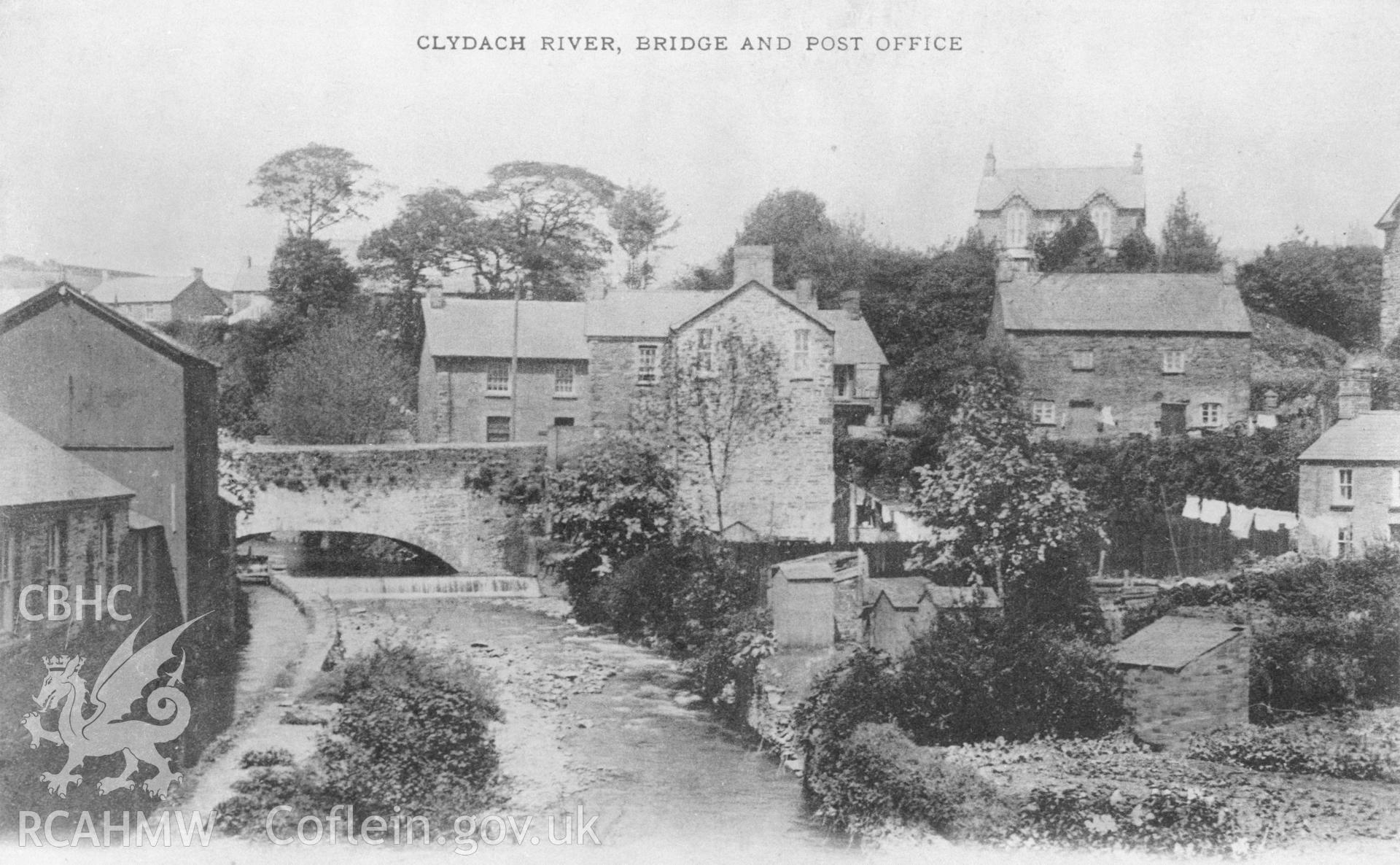 Black and white acetate negative showing Clydach River Bridge and Post Office.