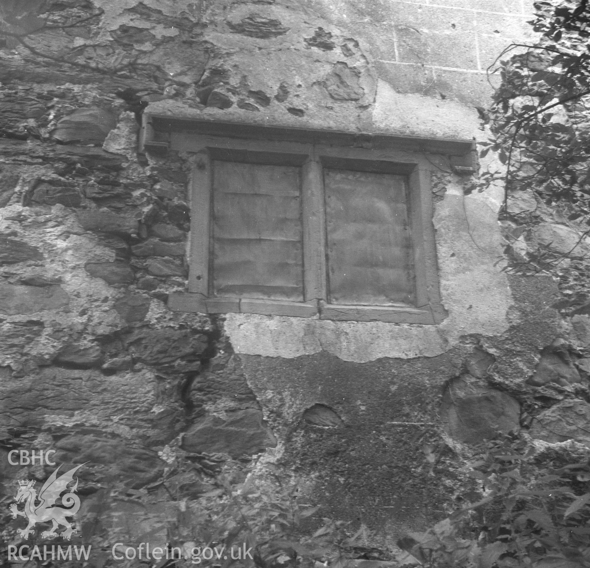 Black and white nitrate negative showing exterior view of  window detail, Brithdir Mawr, Flintshire.