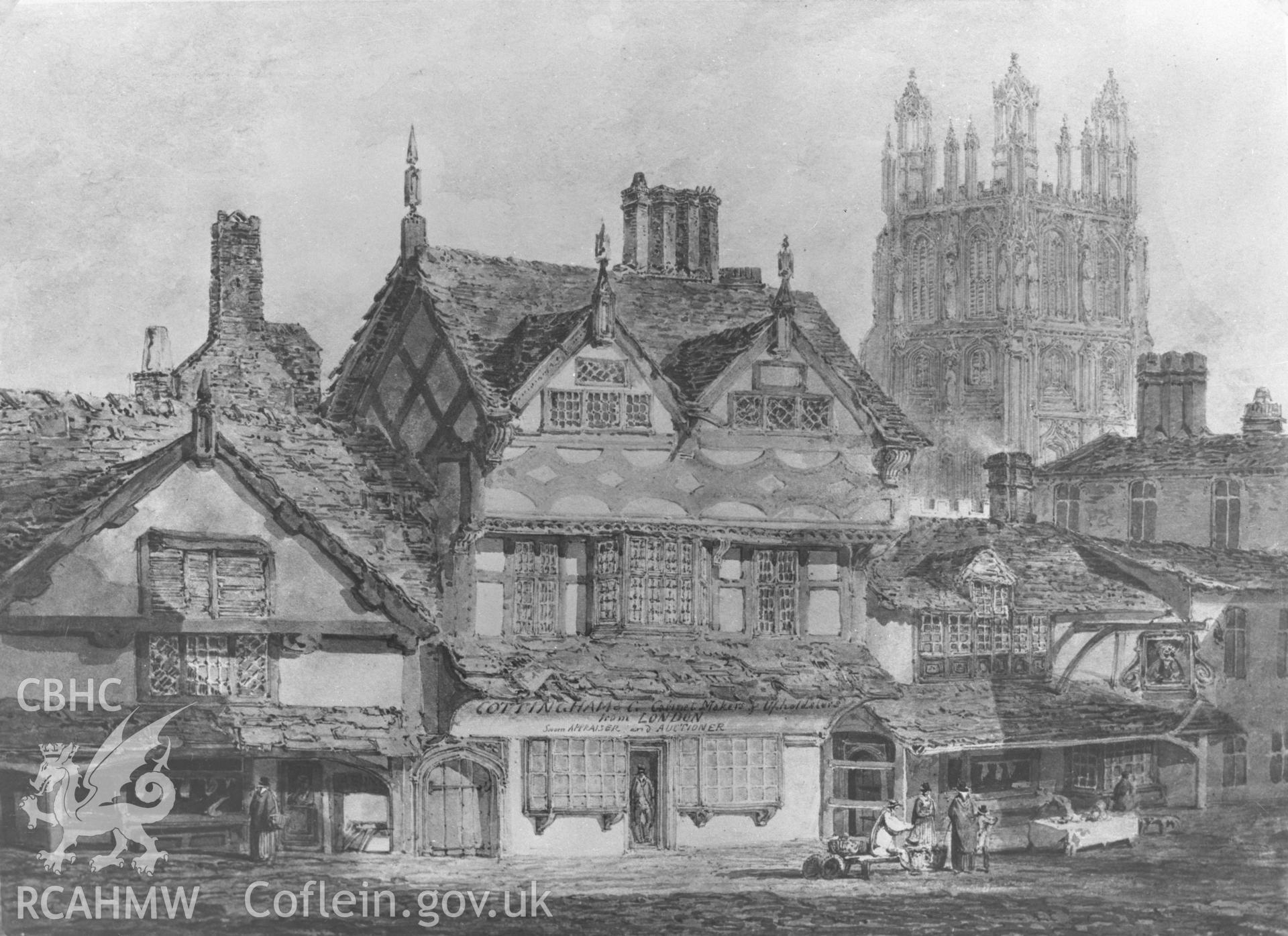 Black and white acetate negative showing ilustration of buildings in Wrexham.