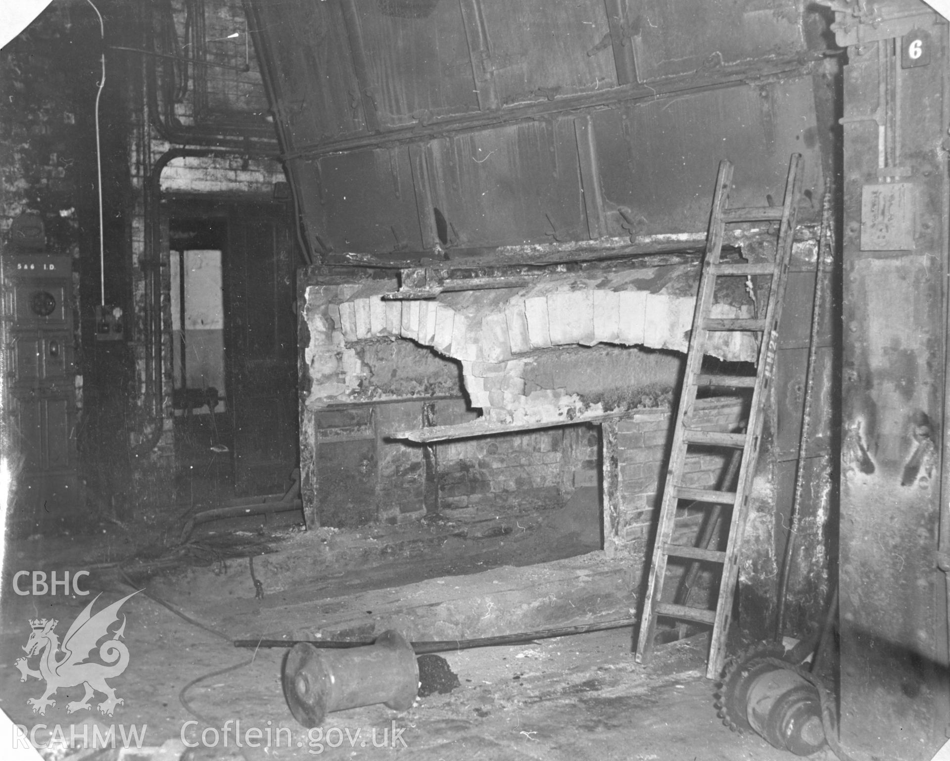 Black and white acetate negative showing interior view of an unidentified industrial site in or near Llanelli.
