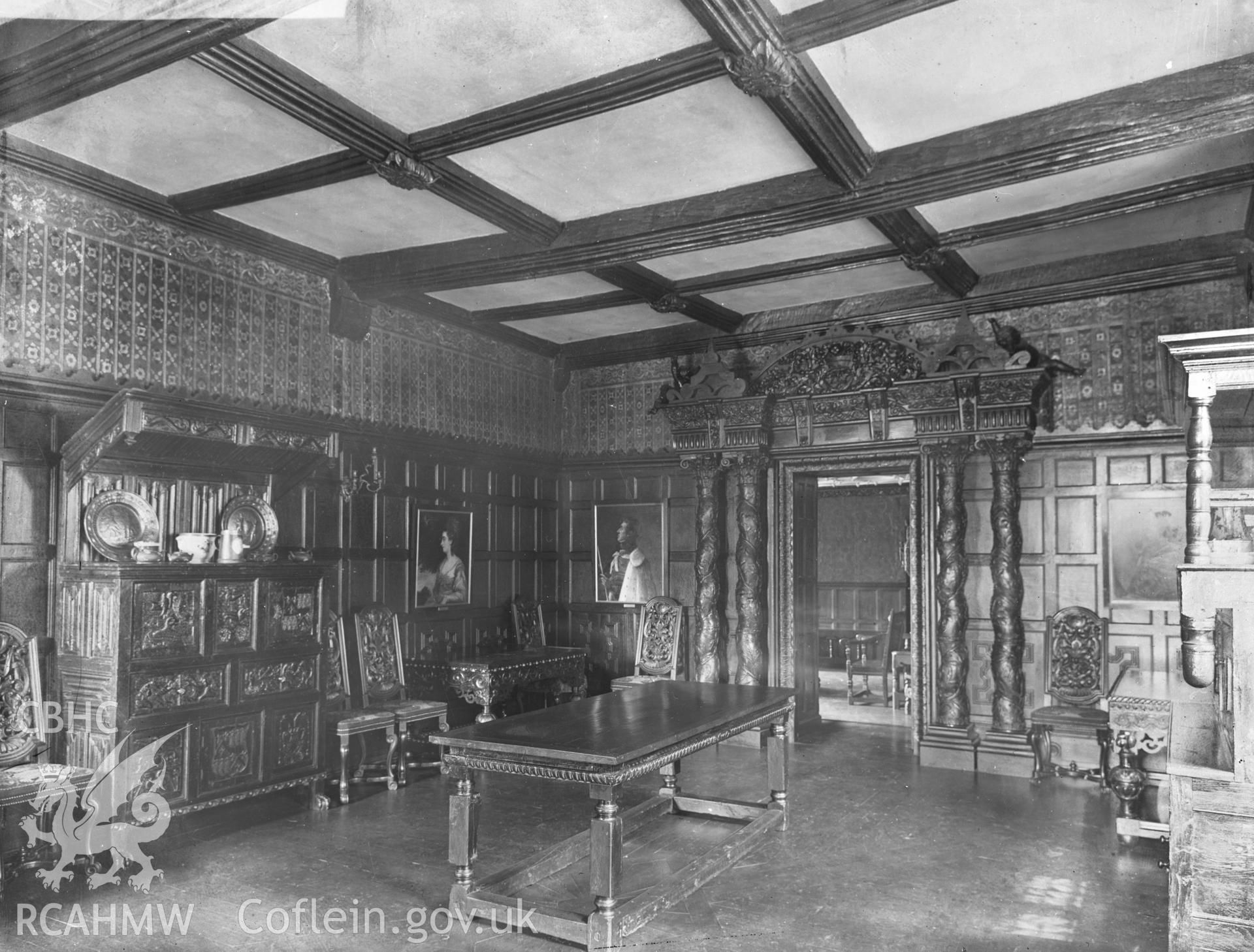Black and white acetate negative, a copy of a glass plate showing an interior view of Plas Mawr, Conwy.