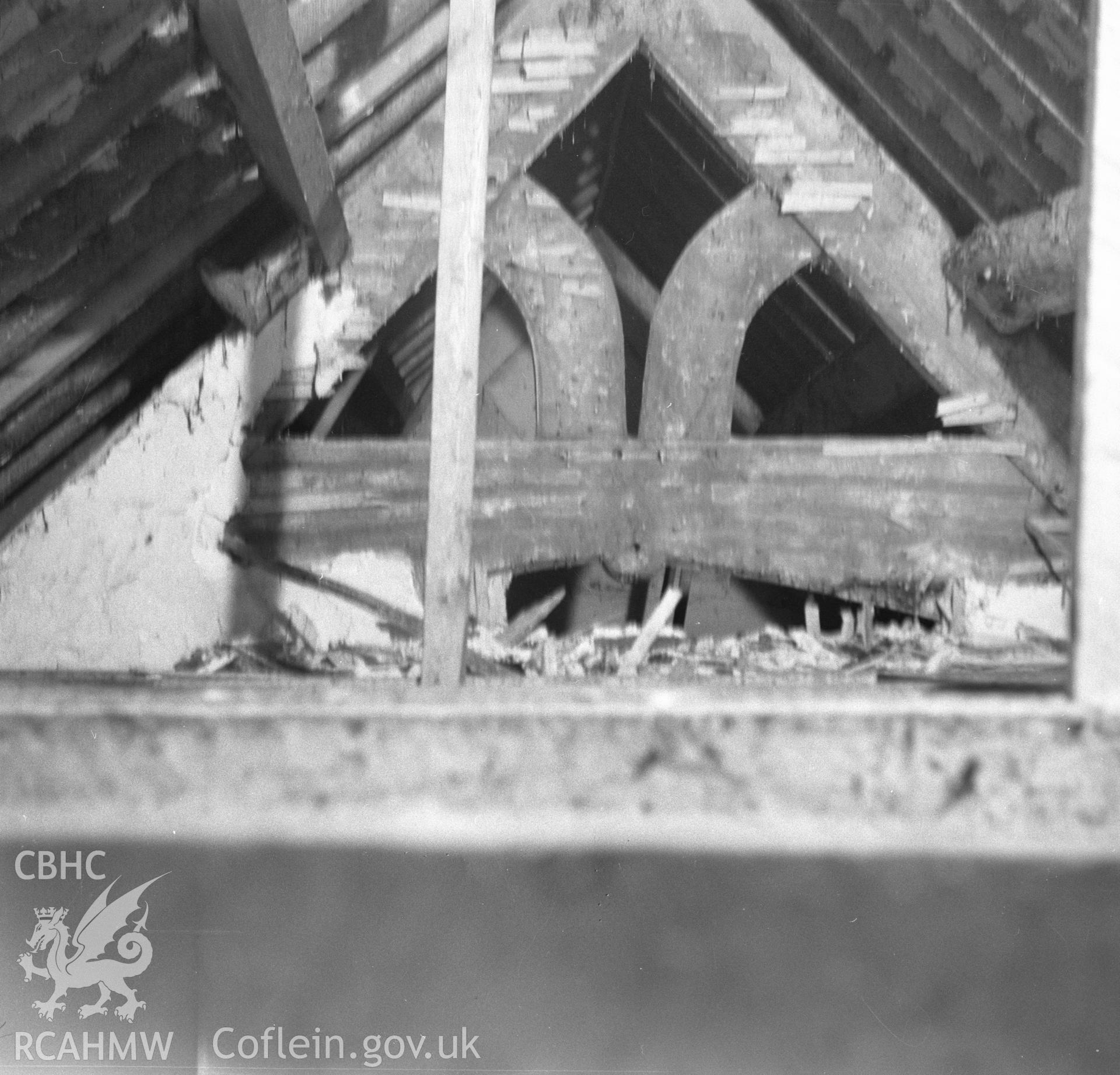 Black and white nitrate negative showing interior detail of roof beams, Brithdir Mawr, Flintshire.