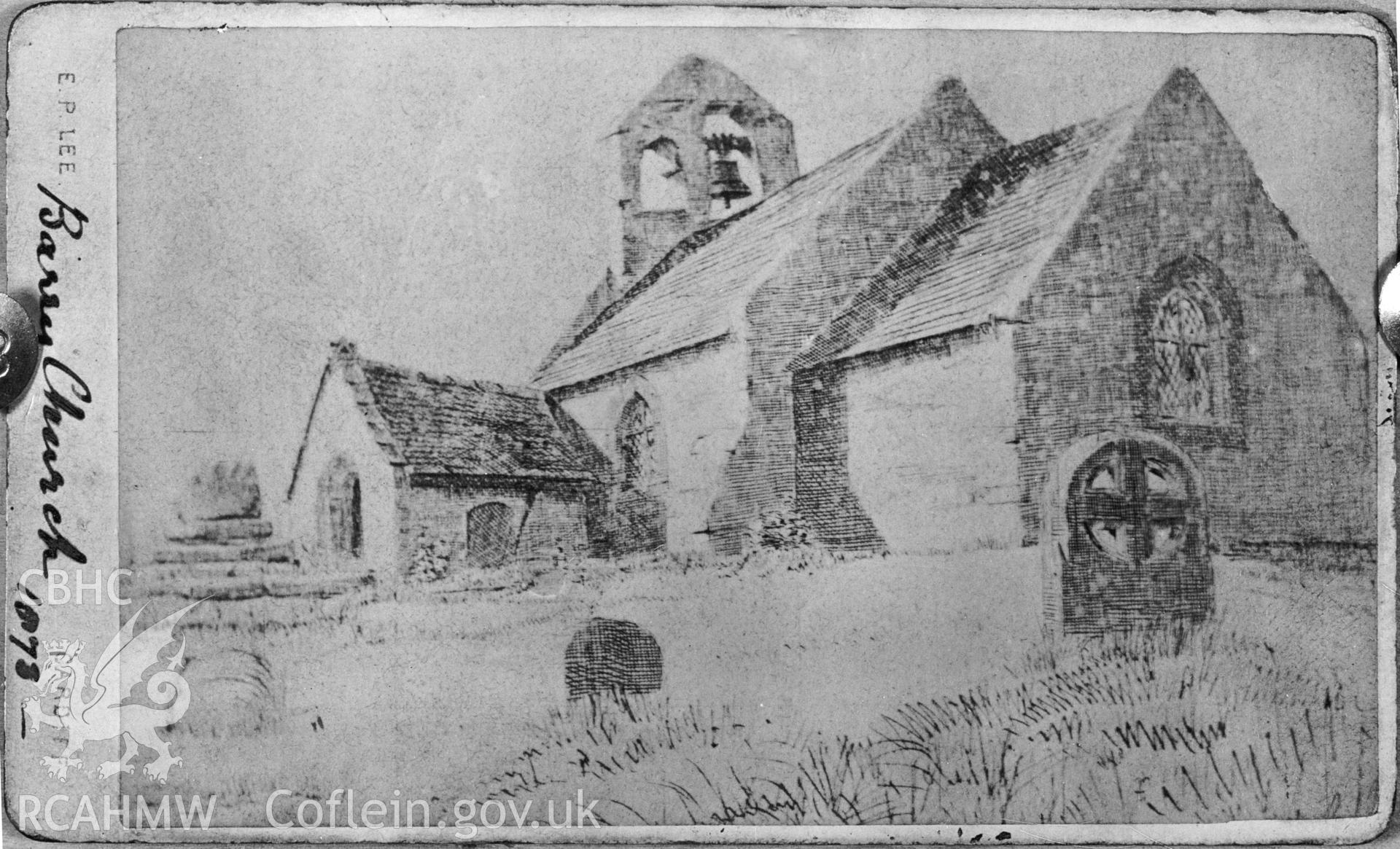 Black and white acetate negative showing view of Barry Church.