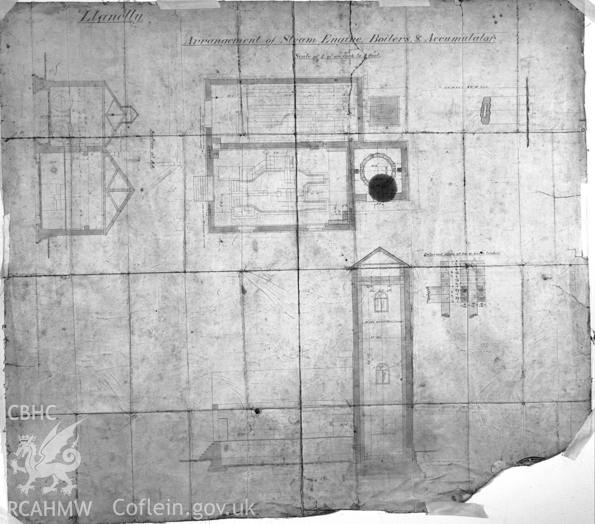 Black and white acetate negative showing measured drawing of a steam engine in an unidentified industrial building in or near Llanelli.