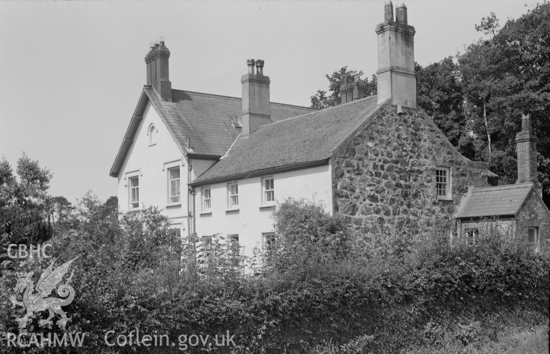 Black and white nitrate negative showing exterior view of Rhyllech.