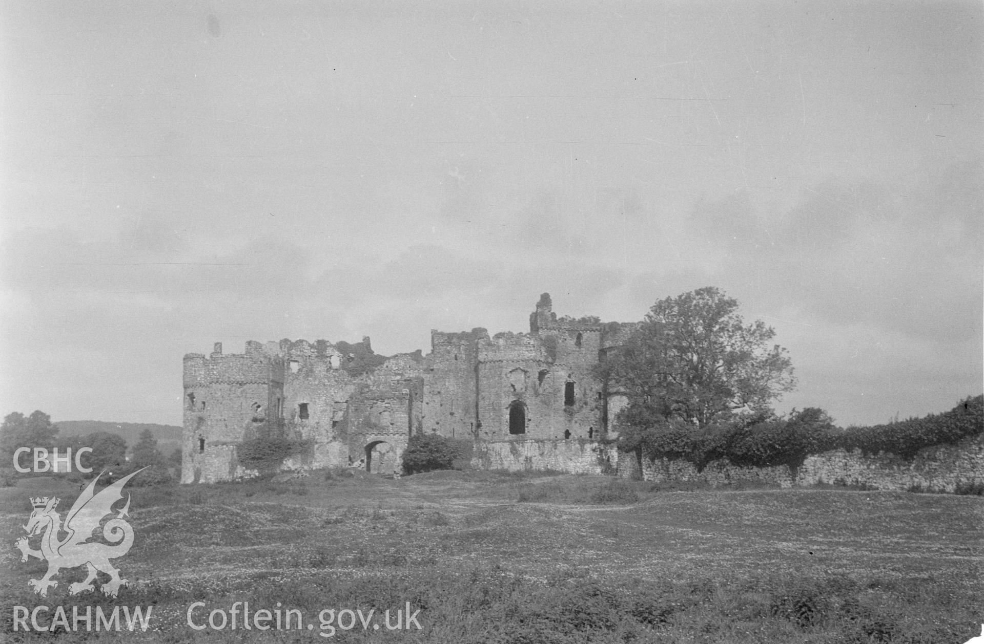 Black and white nitrate negative showing exterior view of Carew Castle.