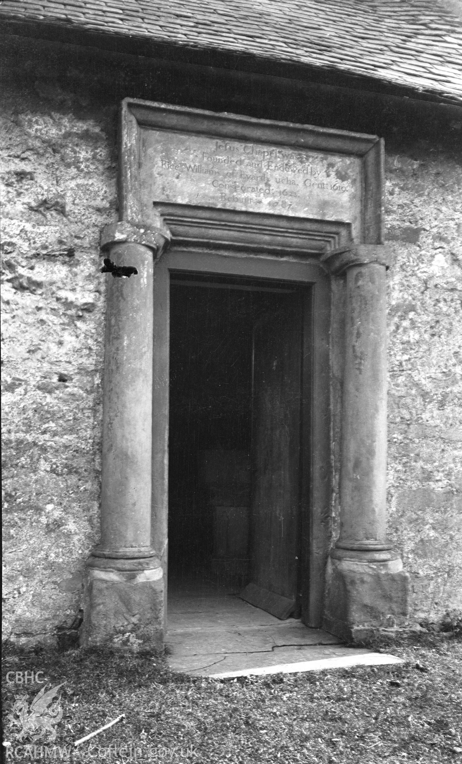 Black and white nitrate negative showing exterior view of Jesus Chapel, Llanfair.