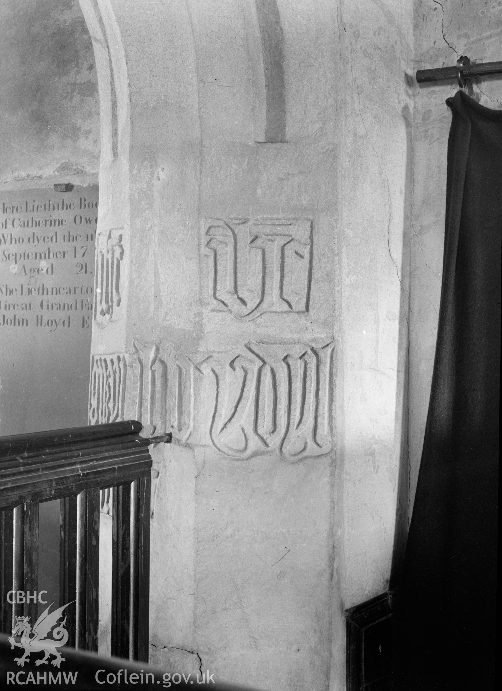 Black and white nitrate negative showing interior view of Llangwnadl Church.