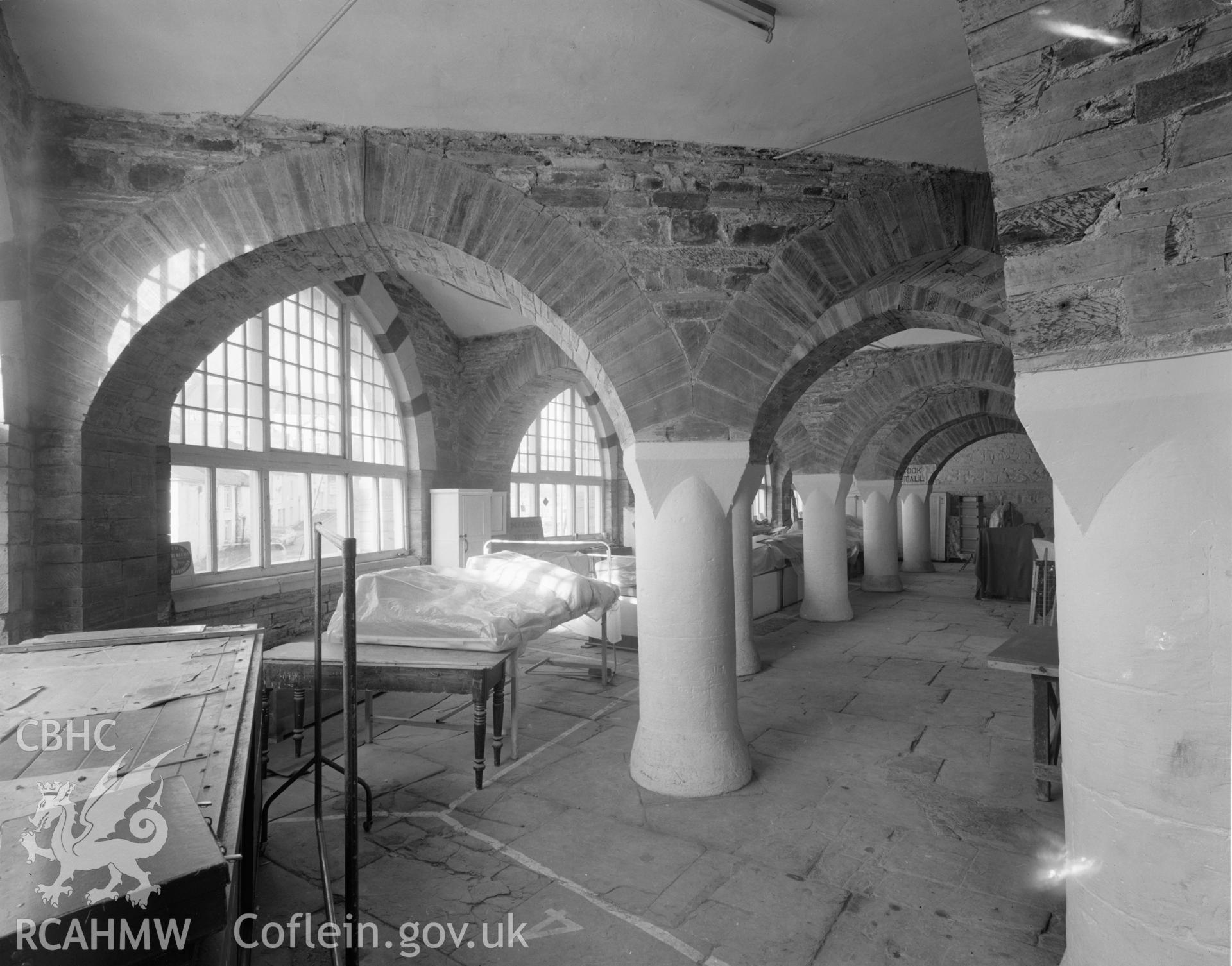 Black and white polyester negative showing interior view of the Market Hall, Cardigan.