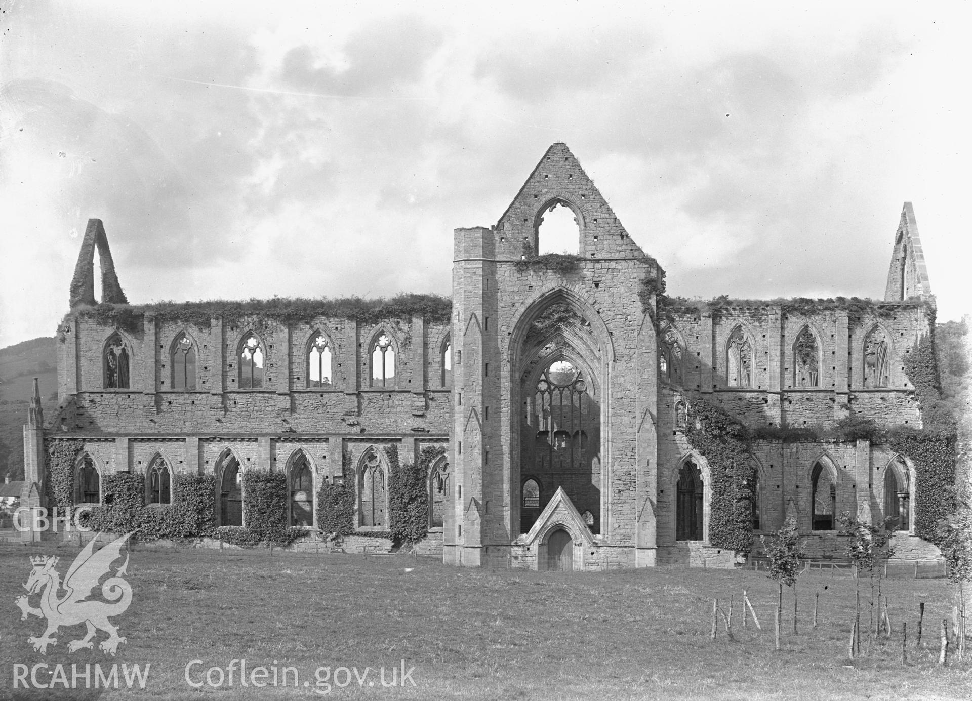 Black and white glass negative showing Tintern Abbey.