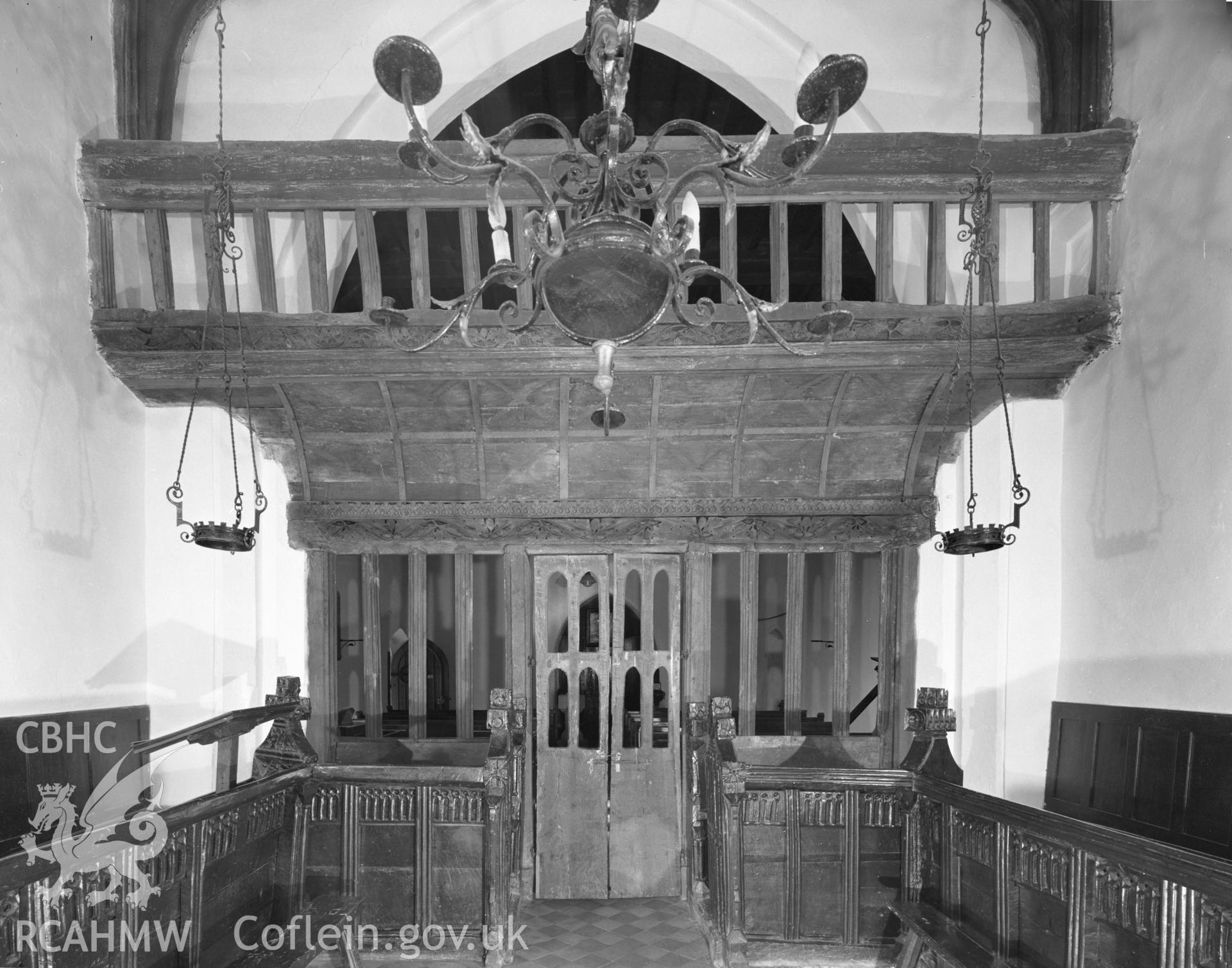 Black and white acetate negative showing interior view of Llaneilian Church.